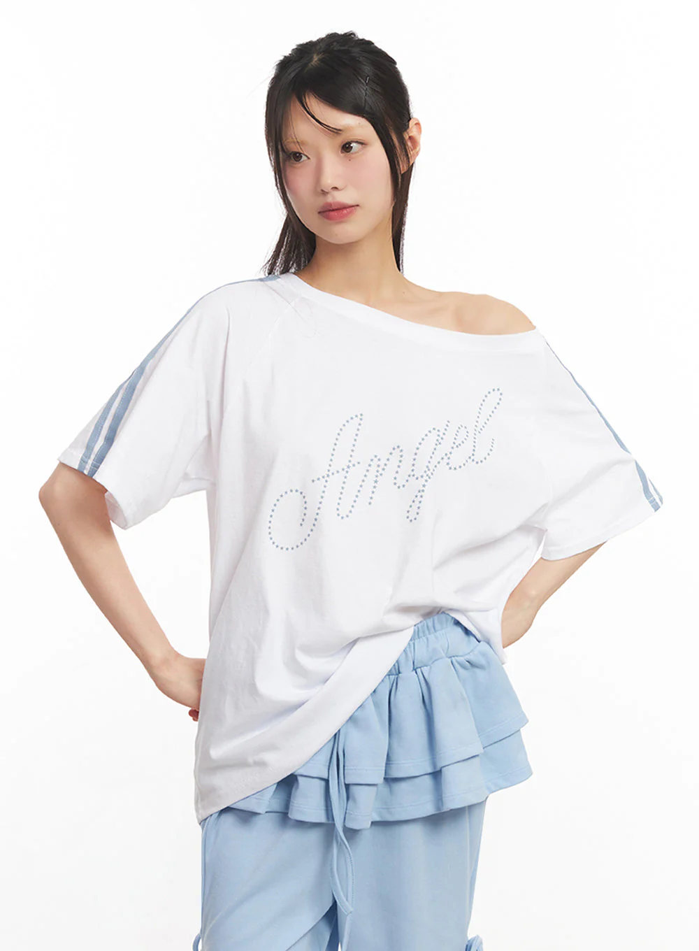 Angel One-Shoulder Stripe T-Shirt IY502 - Image 8