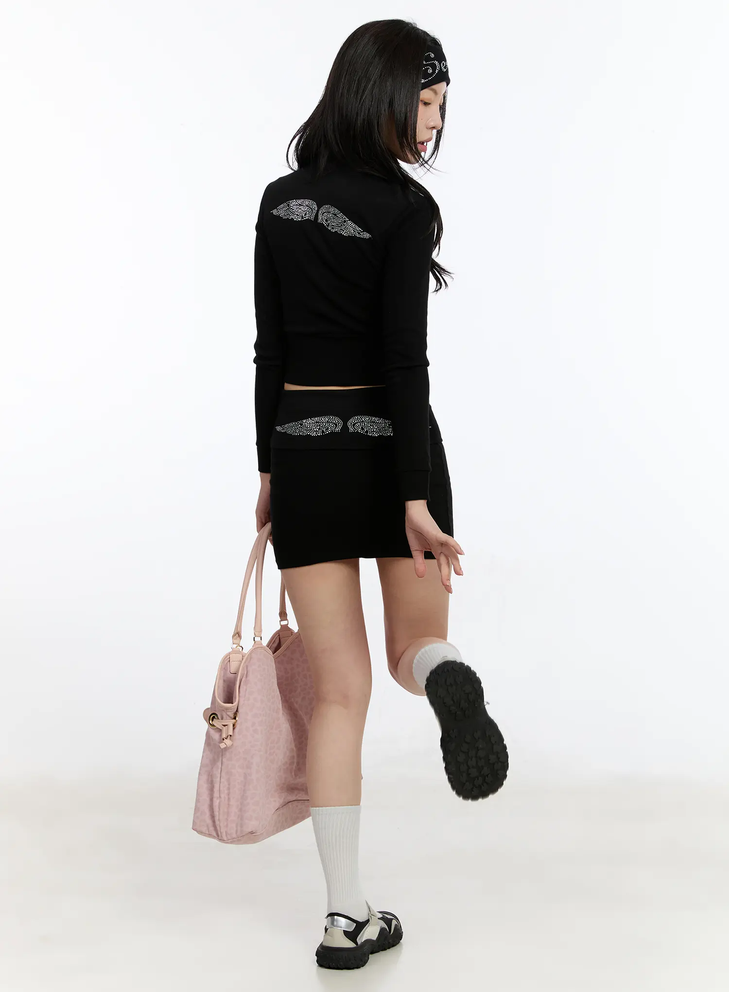 Angel Wing Embellished Zip-Up Top and Skirt Set CA507