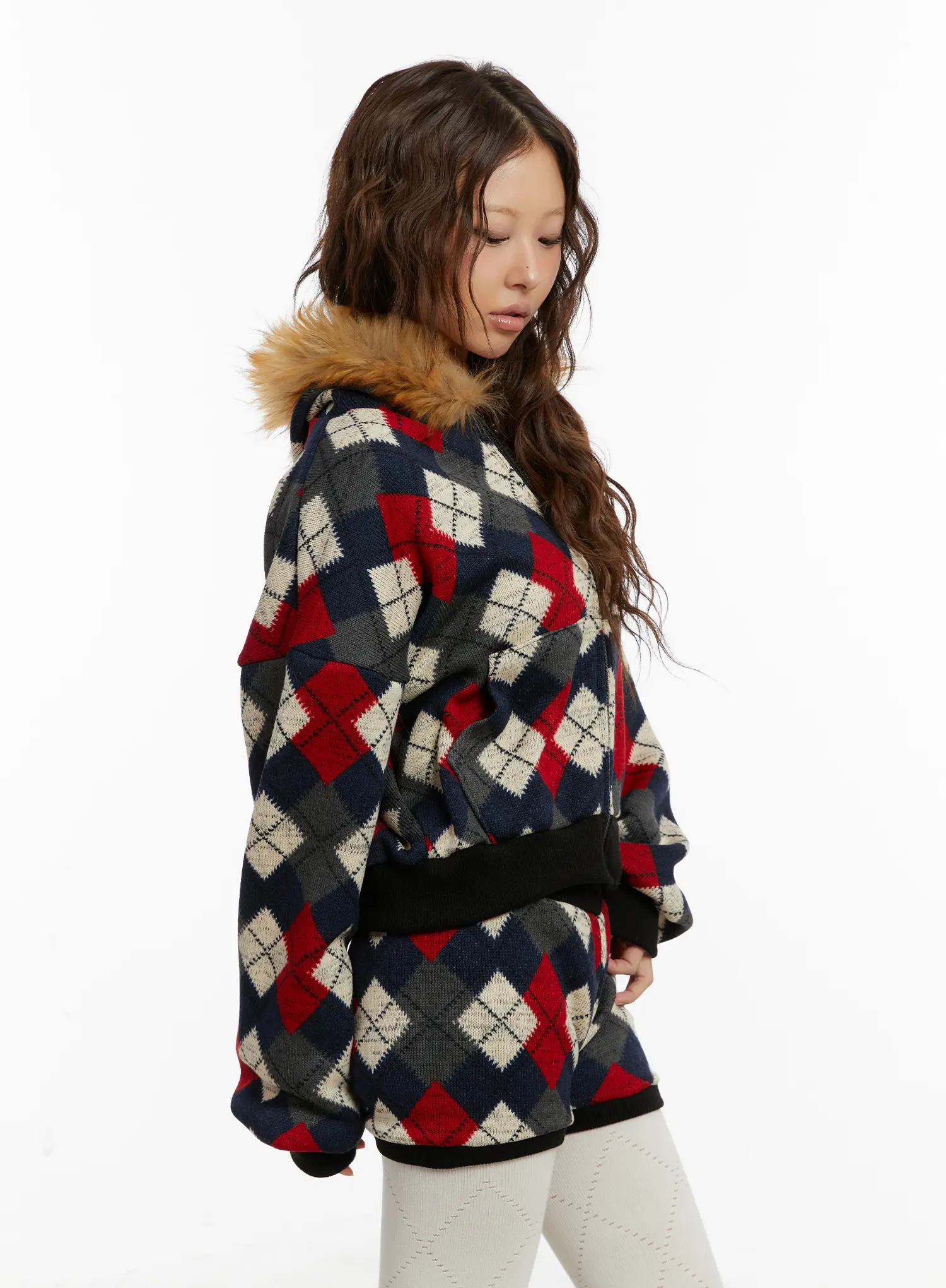 Argyle Faux Fur Trim Zip-Up Hoodie CD512 - Image 5