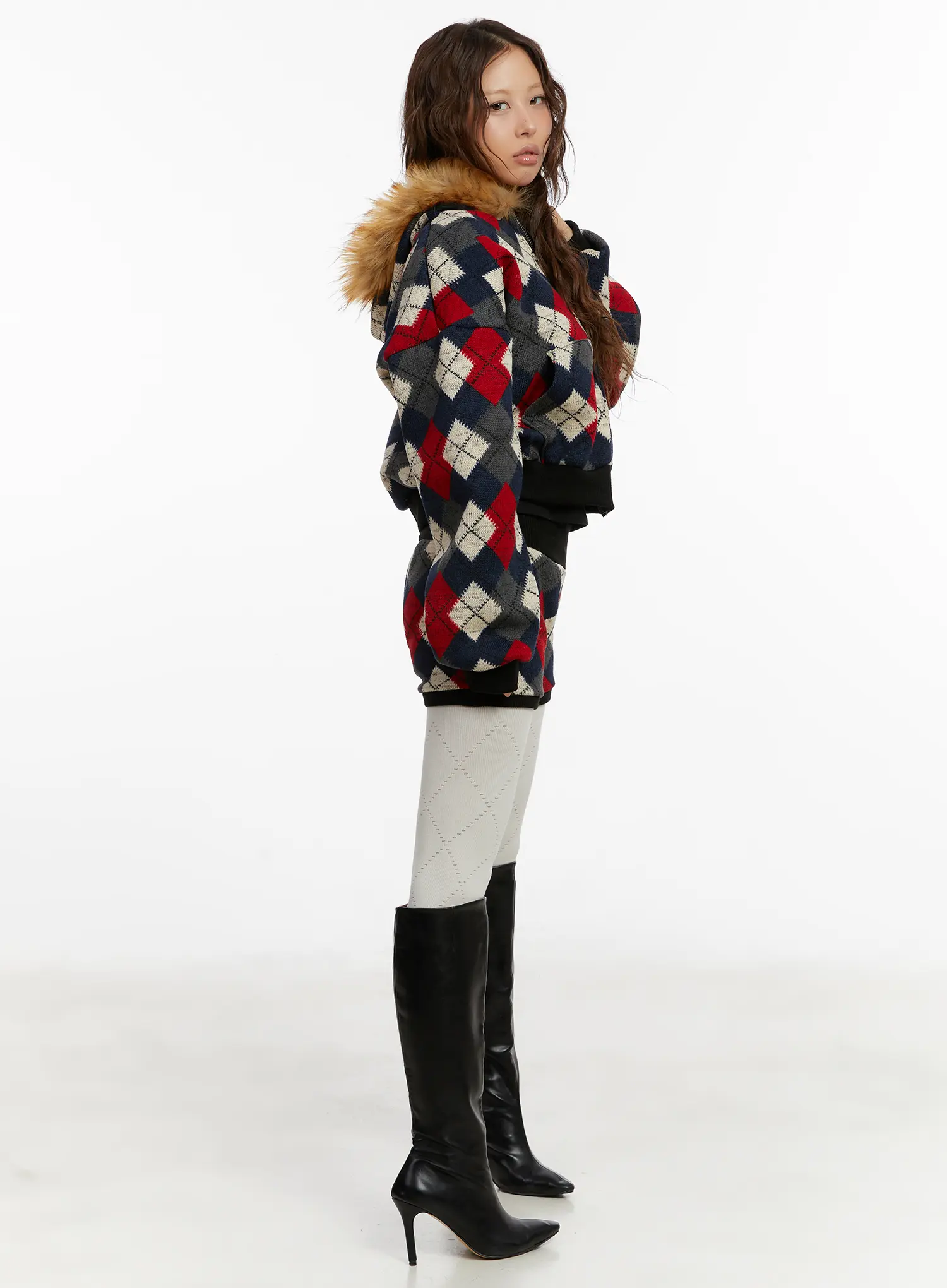 Argyle Faux Fur Trim Zip-Up Hoodie CD512 - Image 6