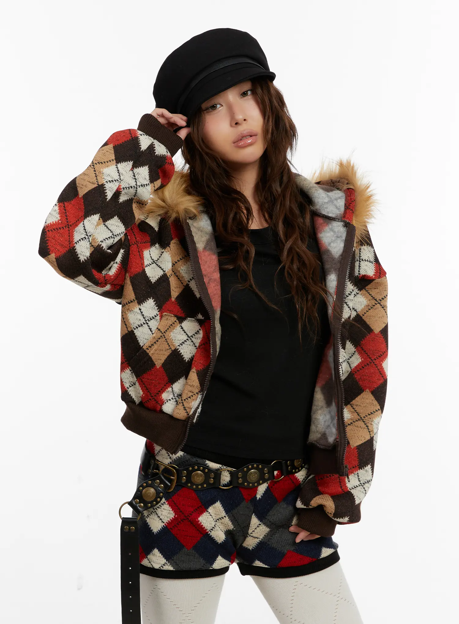 Argyle Faux Fur Trim Zip-Up Hoodie CD512 - Image 9