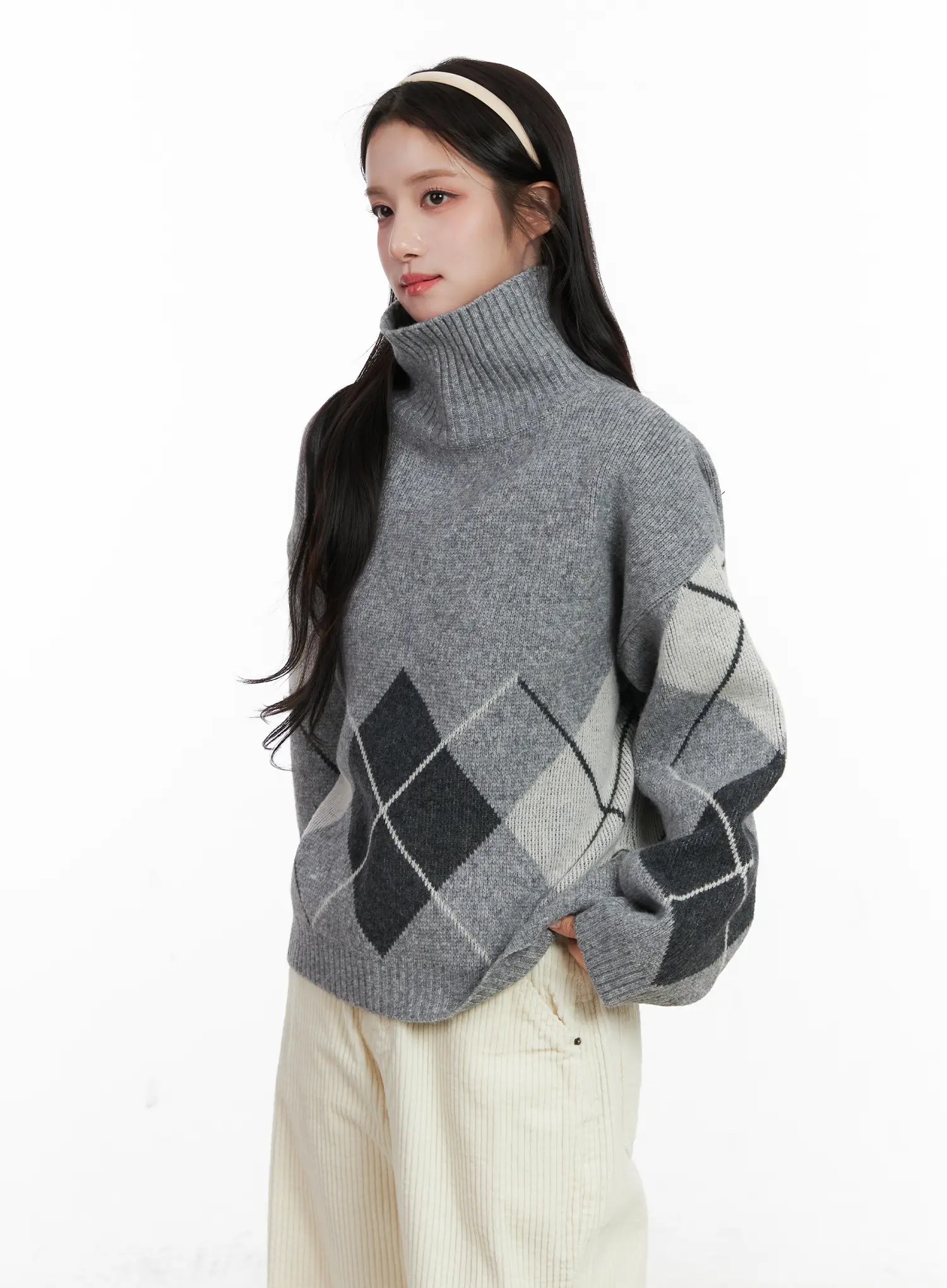 Argyle Turtleneck Knit Sweater CN526 - Image 9
