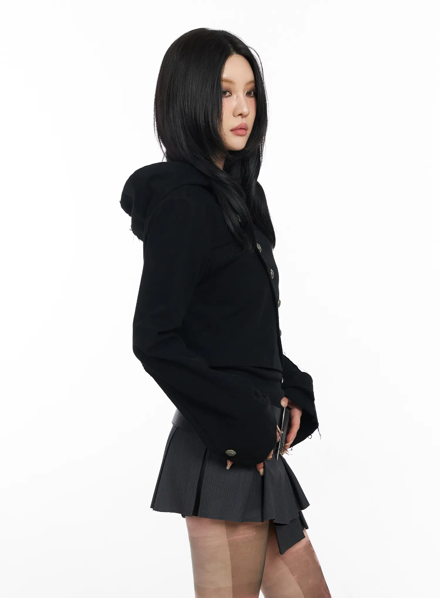 Asymmetric Button-Detail Hoodie CF527 - Image 8