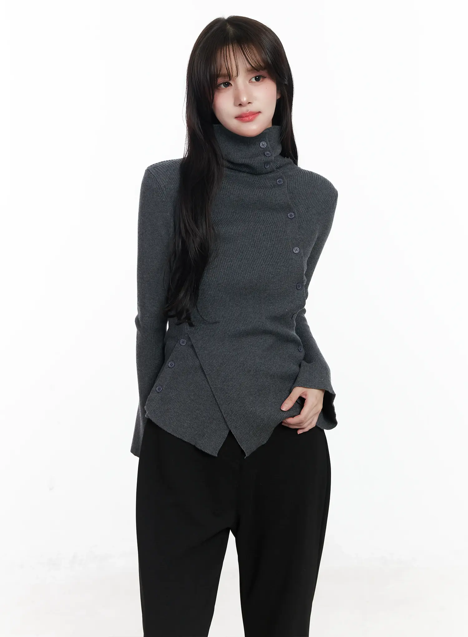 Asymmetric Buttoned Knit Top IJ529 - Image 10