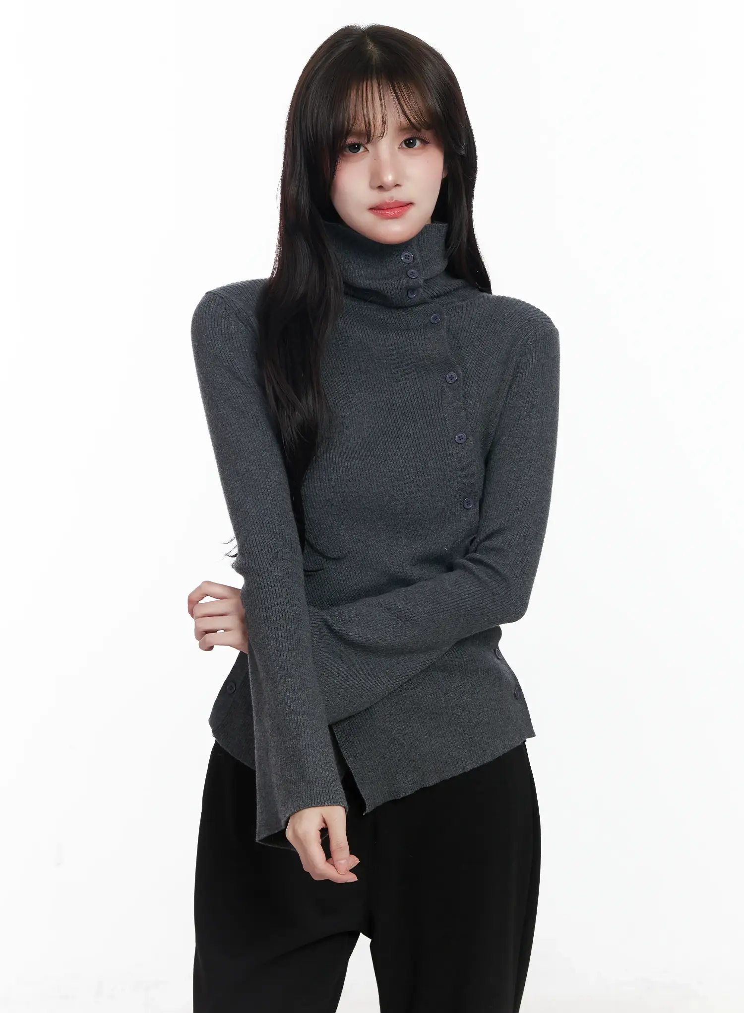 Asymmetric Buttoned Knit Top IJ529 - Image 5
