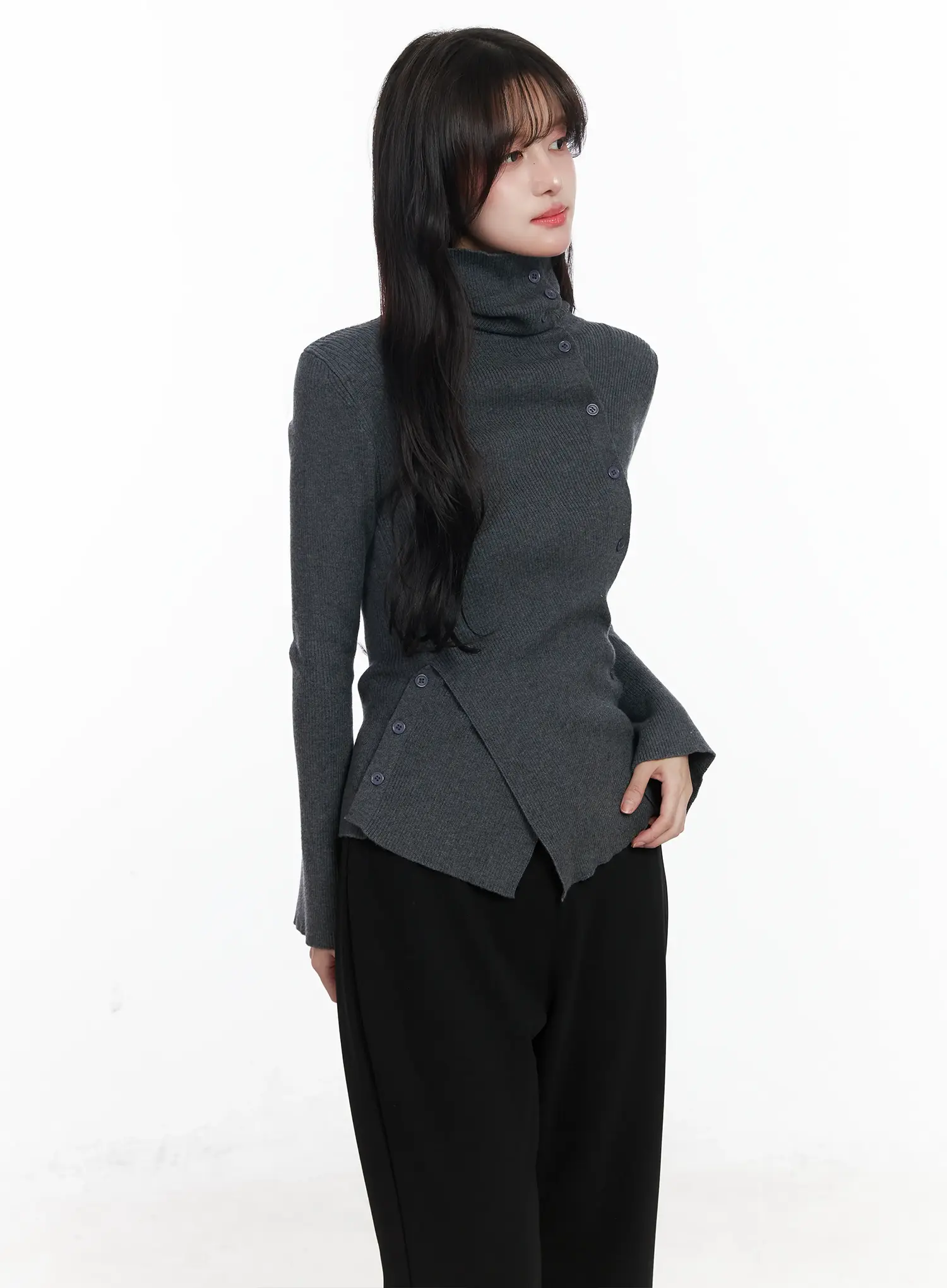 Asymmetric Buttoned Knit Top IJ529 - Image 6