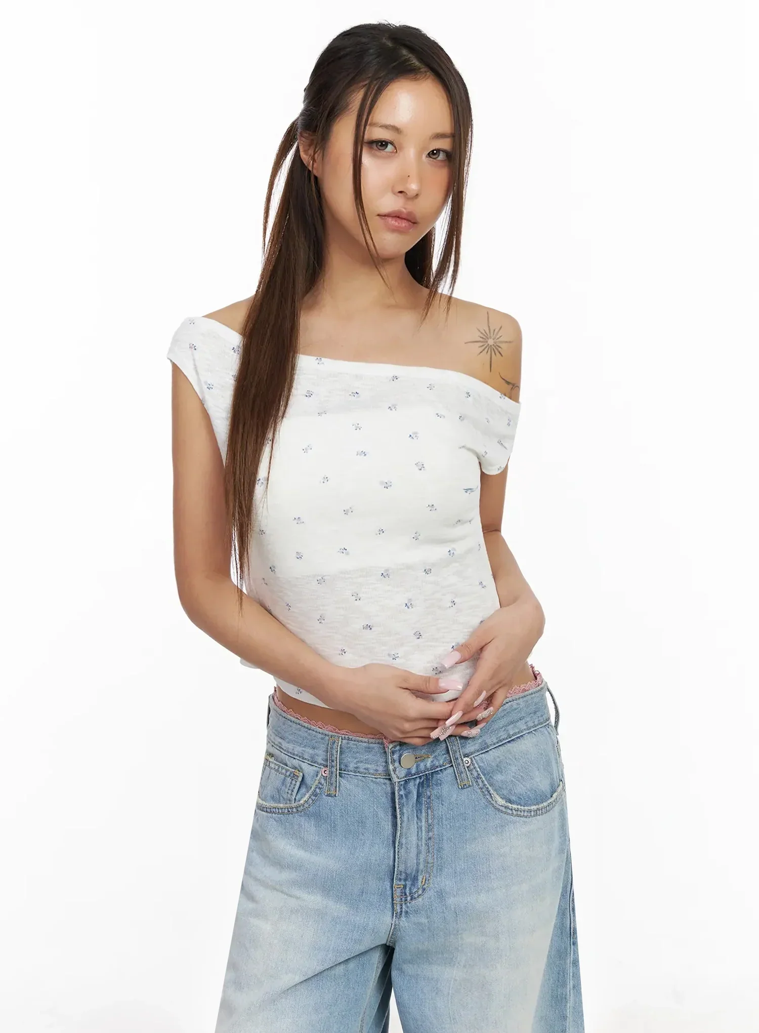 Asymmetric Floral Off-Shoulder Crop Top IY514 - Image 7
