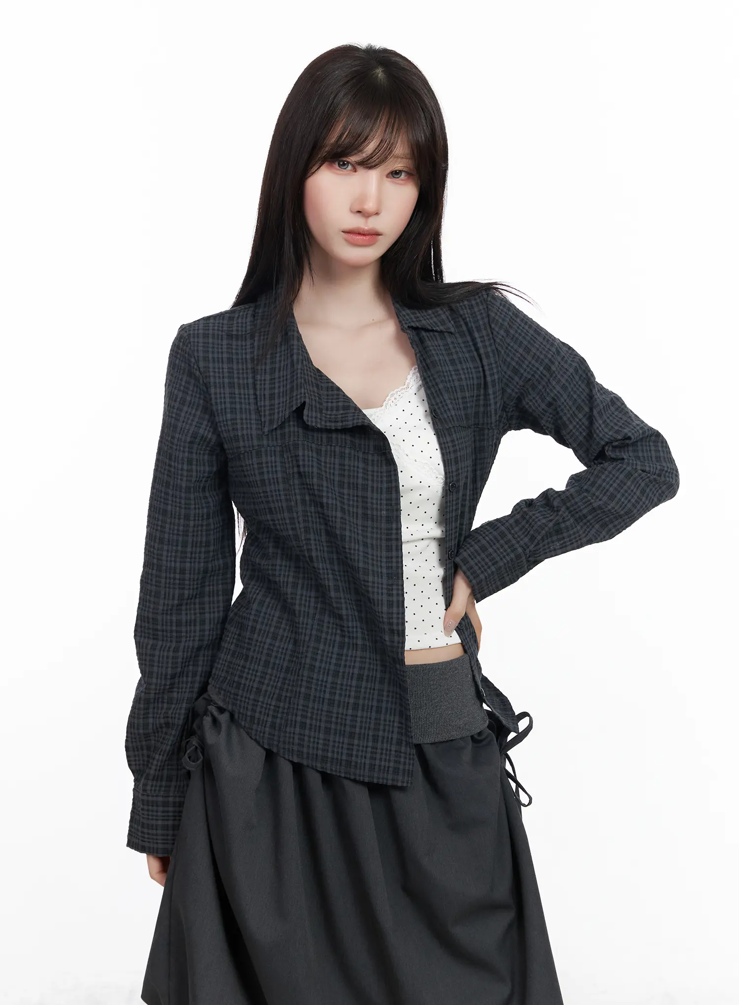 Asymmetric Plaid Long Sleeve Shirt CF523 - Image 2