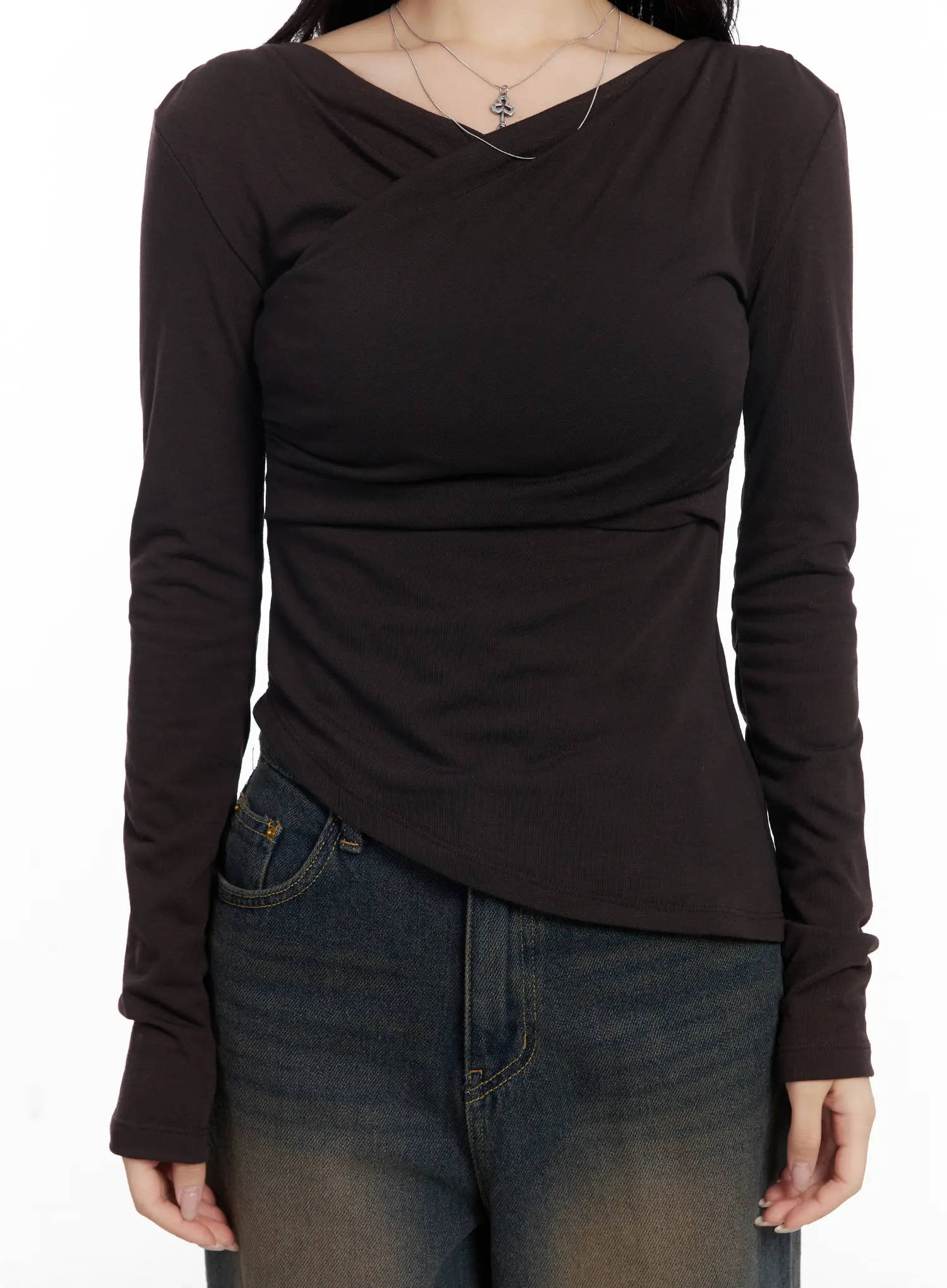 Asymmetric Ruched Long Sleeve Top CJ514 - Image 4