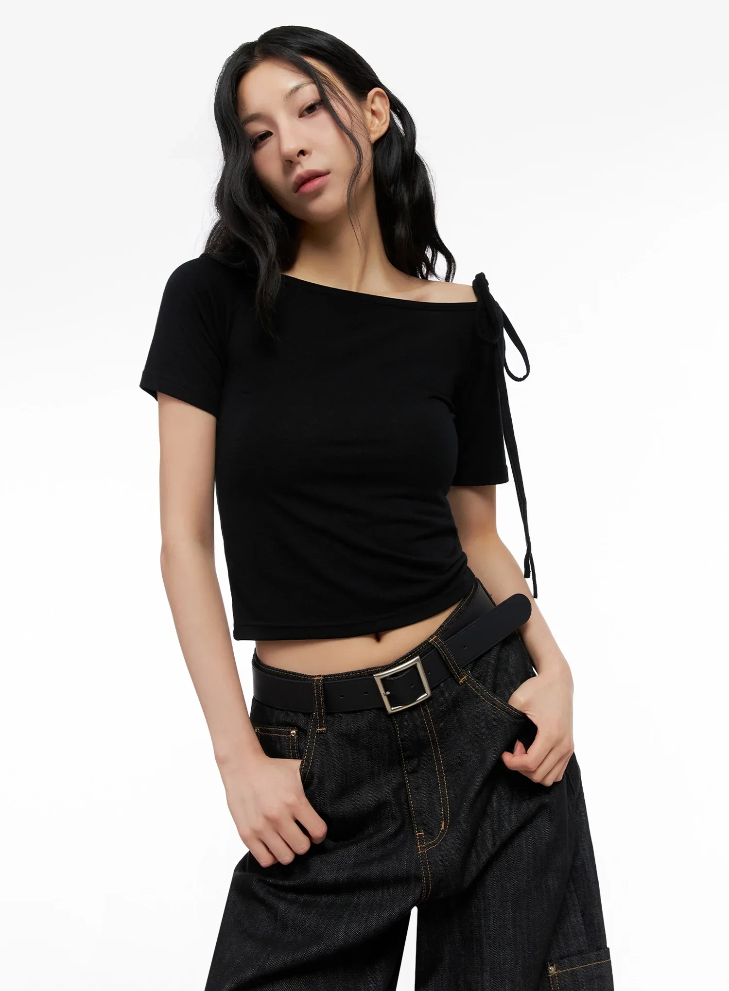 Asymmetric Shoulder-Tie T-Shirt IG508