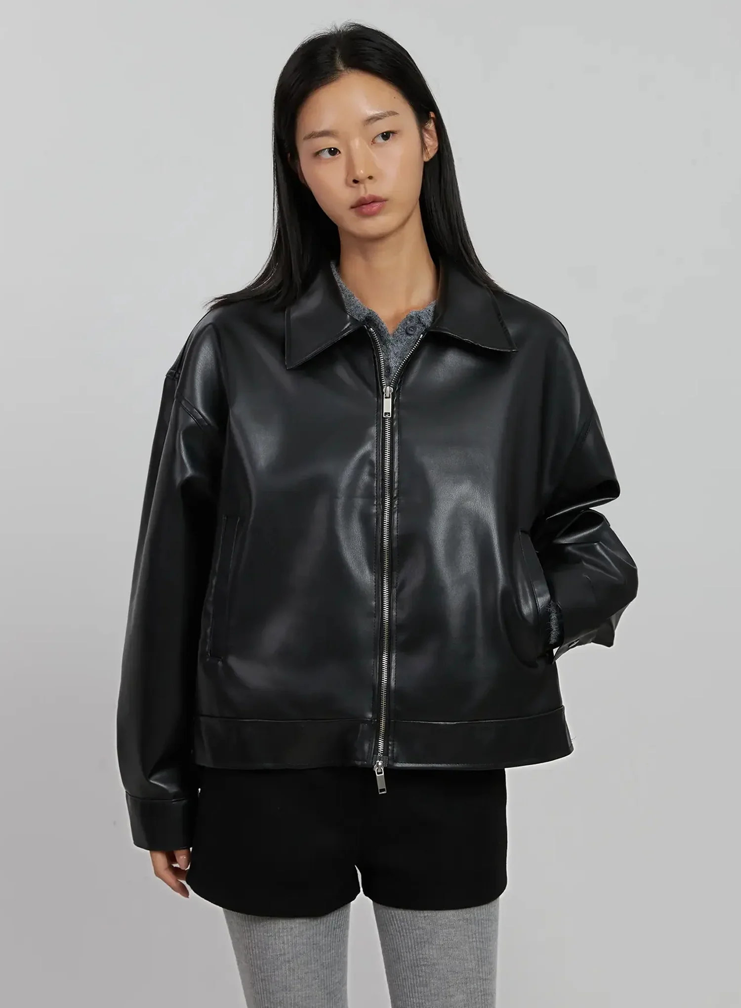 Basic Cropped Faux Leather Jacket IN507 - Image 6