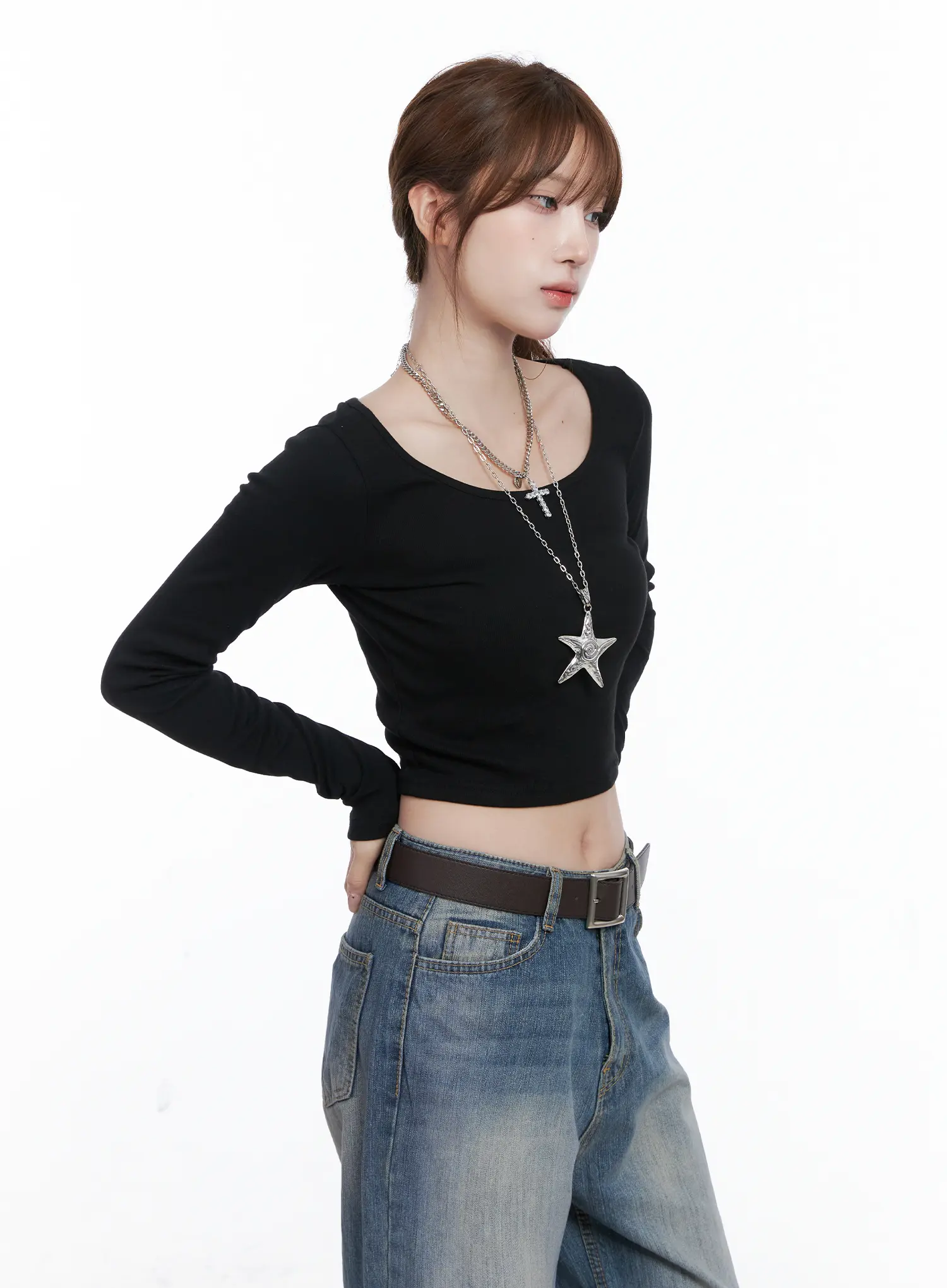Basic U-Neck Long Sleeve Crop Tee CG529 - Image 7