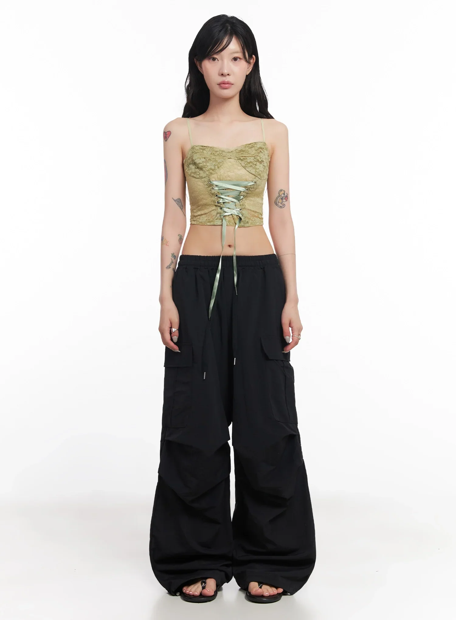 Black Utility Wide-Fit Cargo Pants IC503 - Image 3