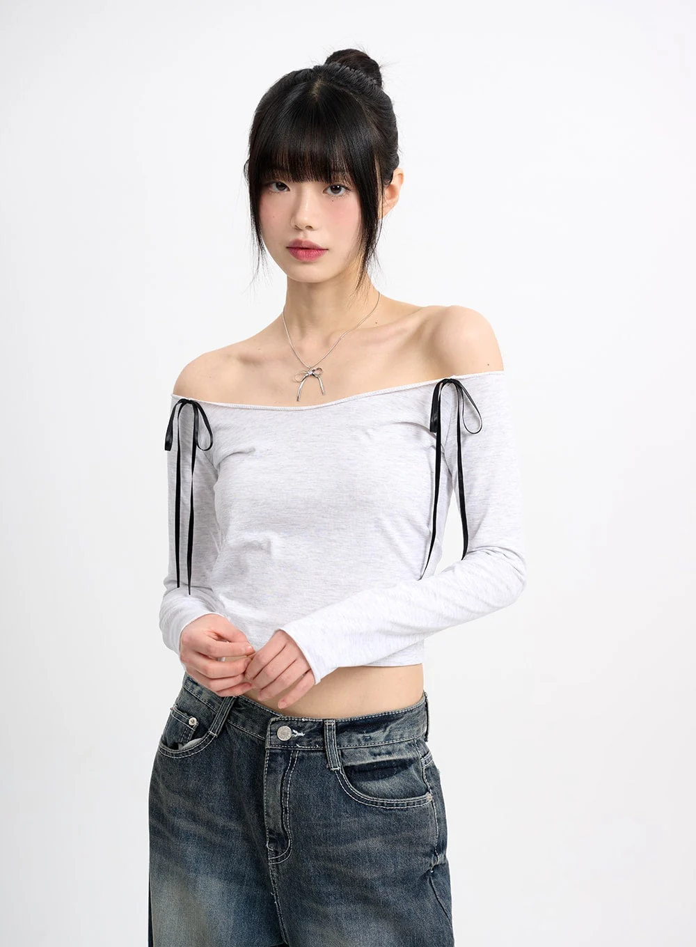 Bowknot Cotton Off Shoulder Long Sleeve CM415 - Image 2