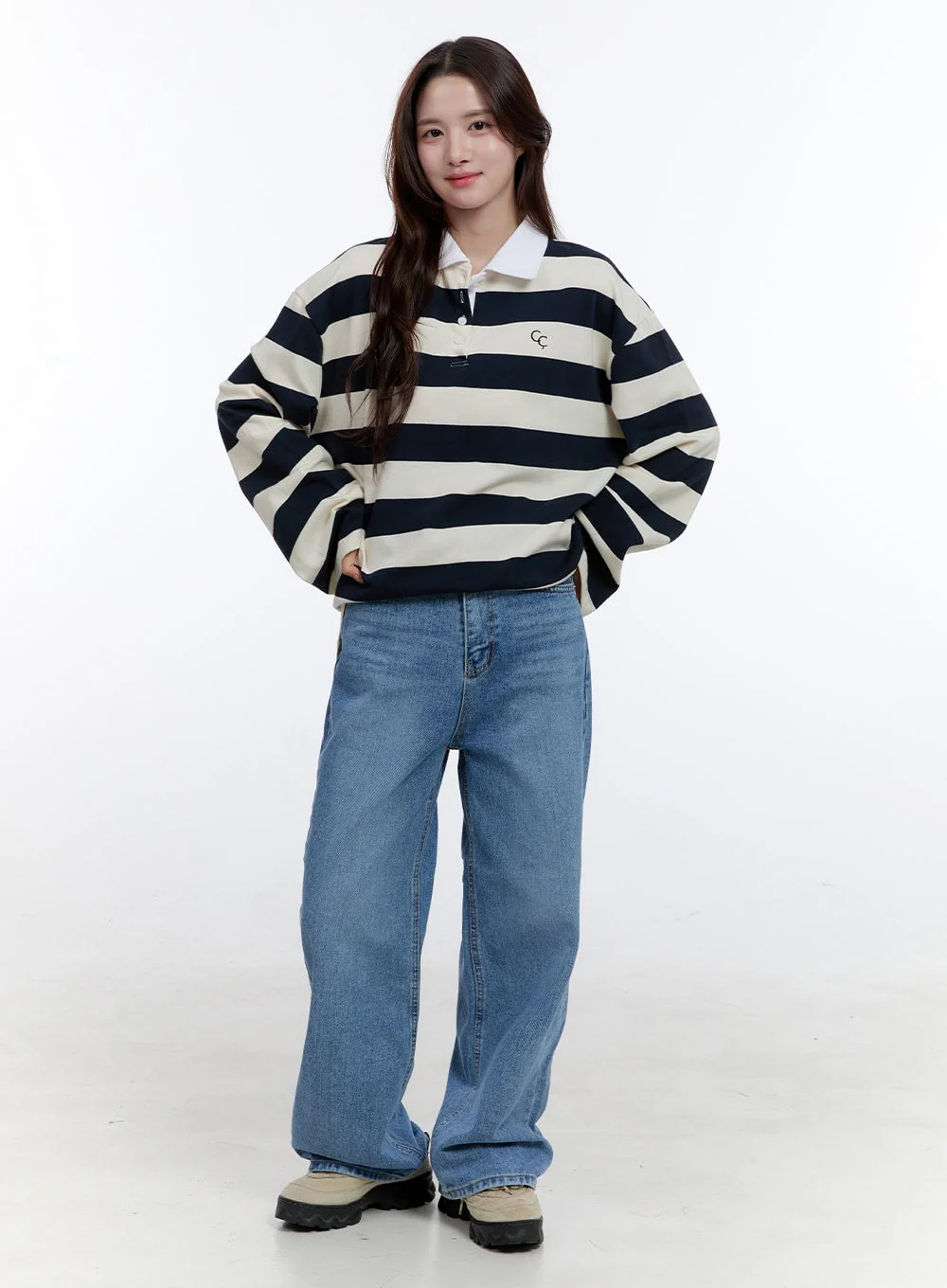 Boxy Collared Buttoned Oversize Tee OO407 - Image 2