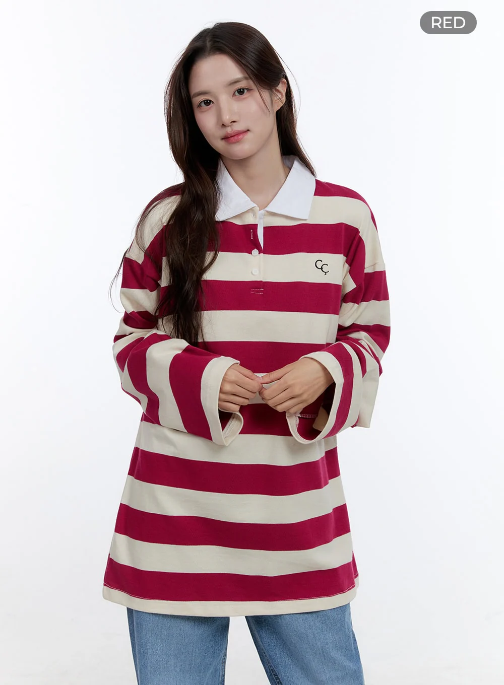 Boxy Collared Buttoned Oversize Tee OO407 - Image 8