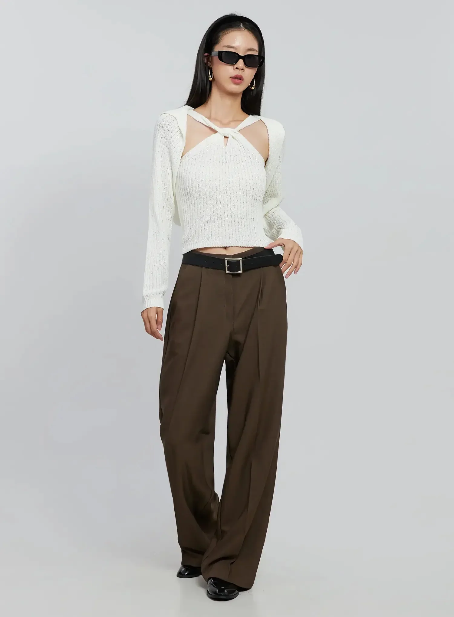 Brown Wide Leg Tailored Pants IO530 - Image 3