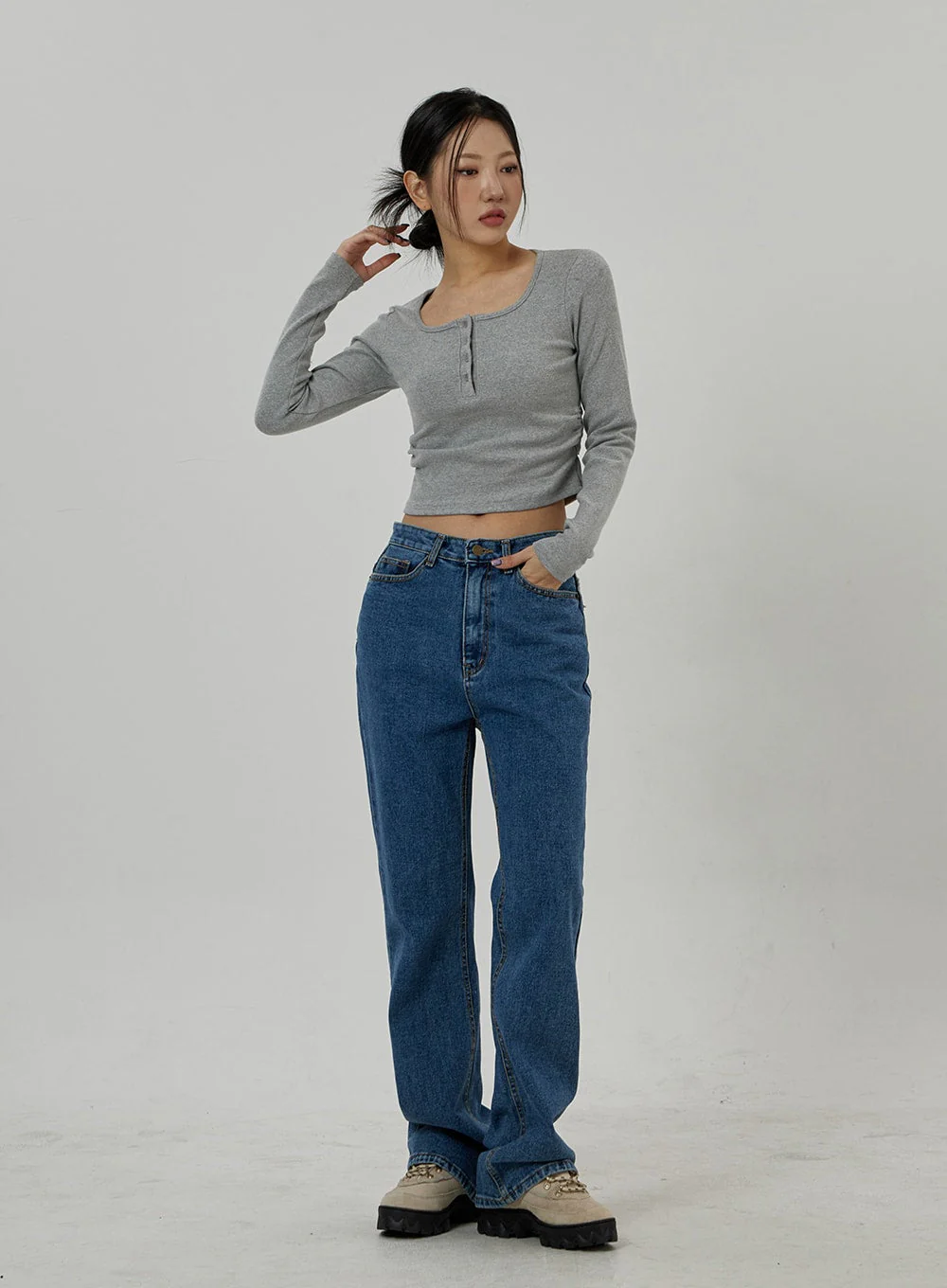Button Neck Long Sleeve Cropped Top CD21 - Image 7