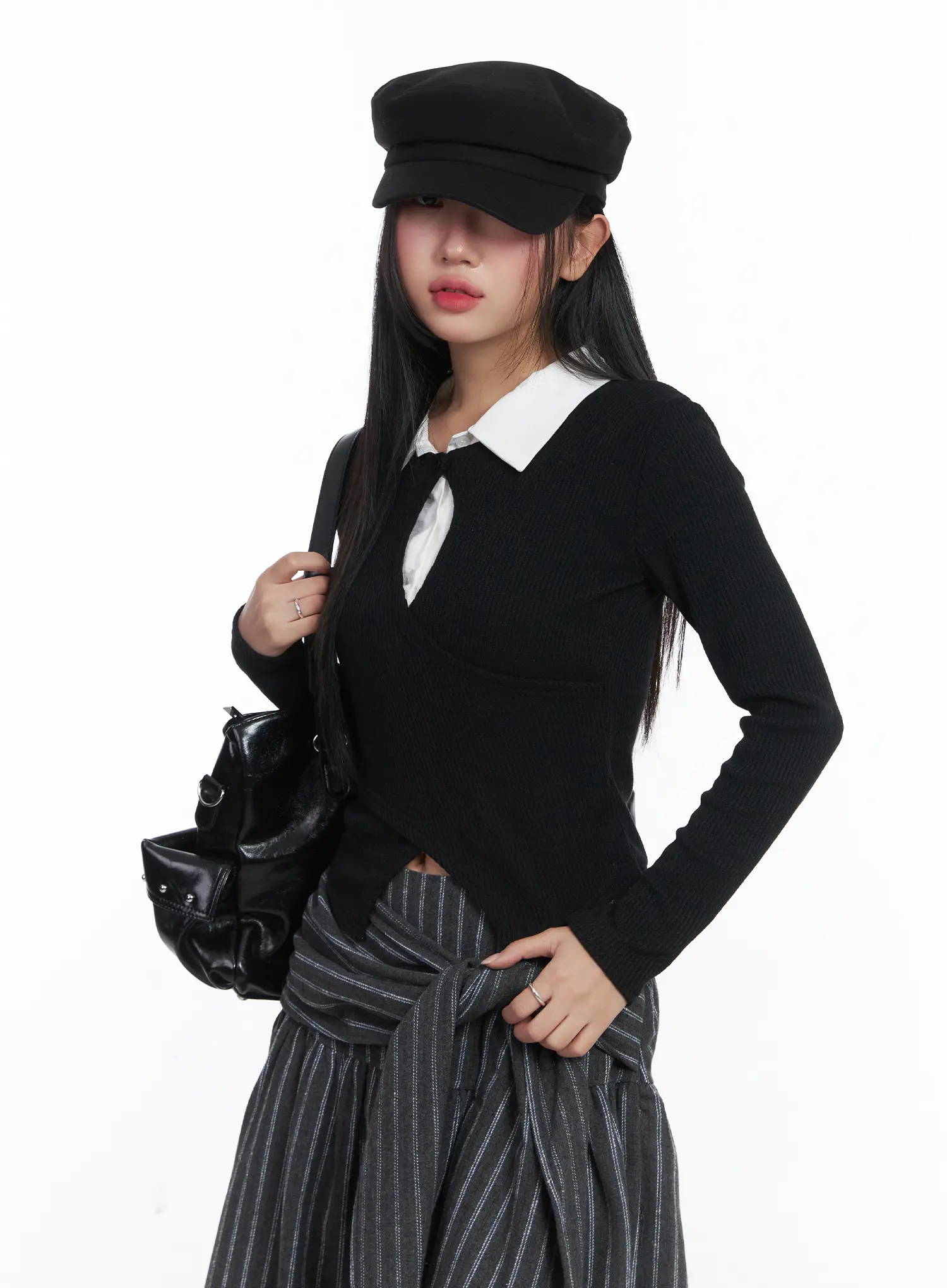 Button Wrap Collar Ribbed Long Sleeve Top CD529