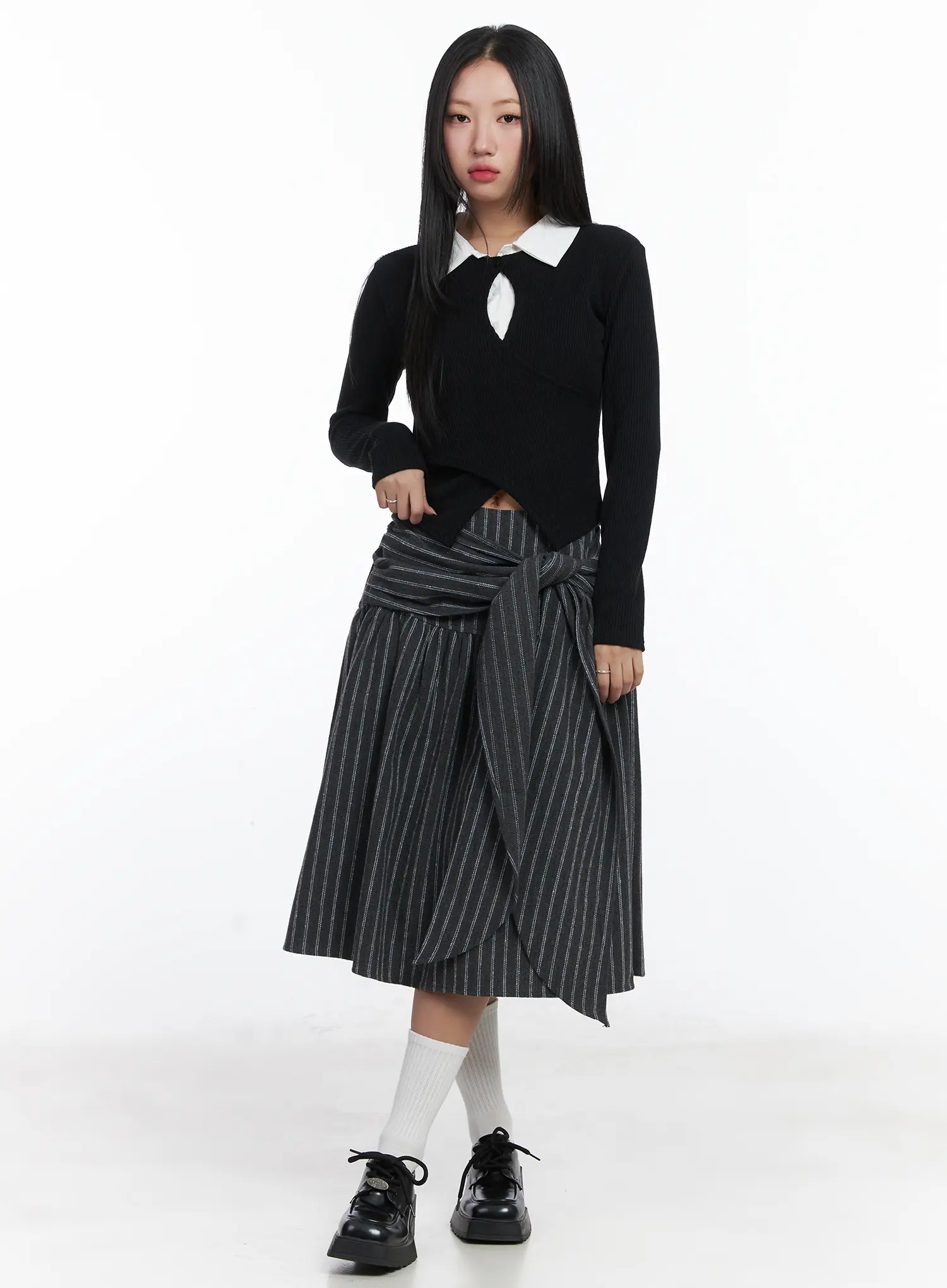 Button Wrap Collar Ribbed Long Sleeve Top CD529 - Image 2