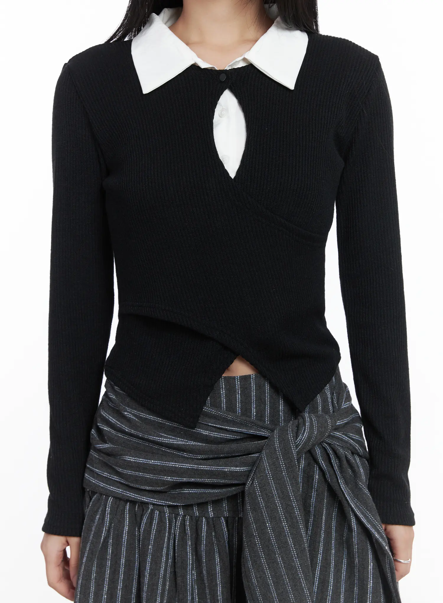 Button Wrap Collar Ribbed Long Sleeve Top CD529 - Image 8