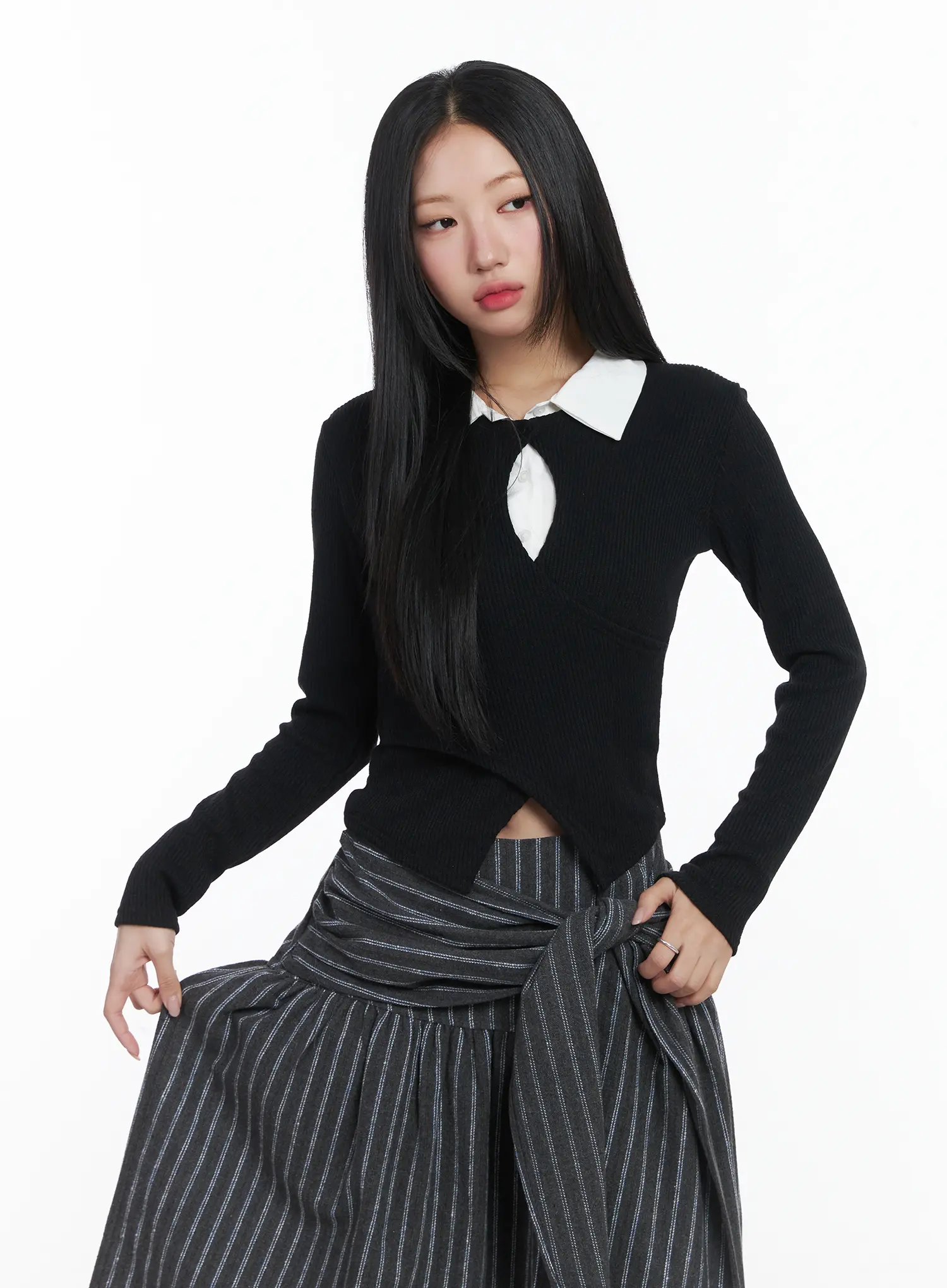 Button Wrap Collar Ribbed Long Sleeve Top CD529 - Image 9