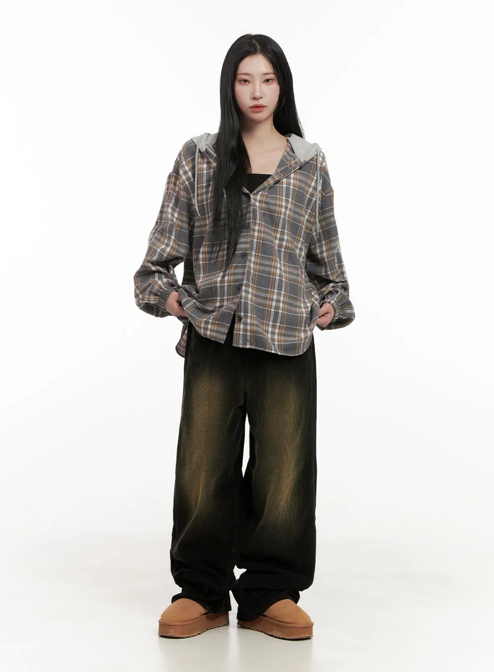 Buttoned Check Hooded Blouse CD410 - Image 2