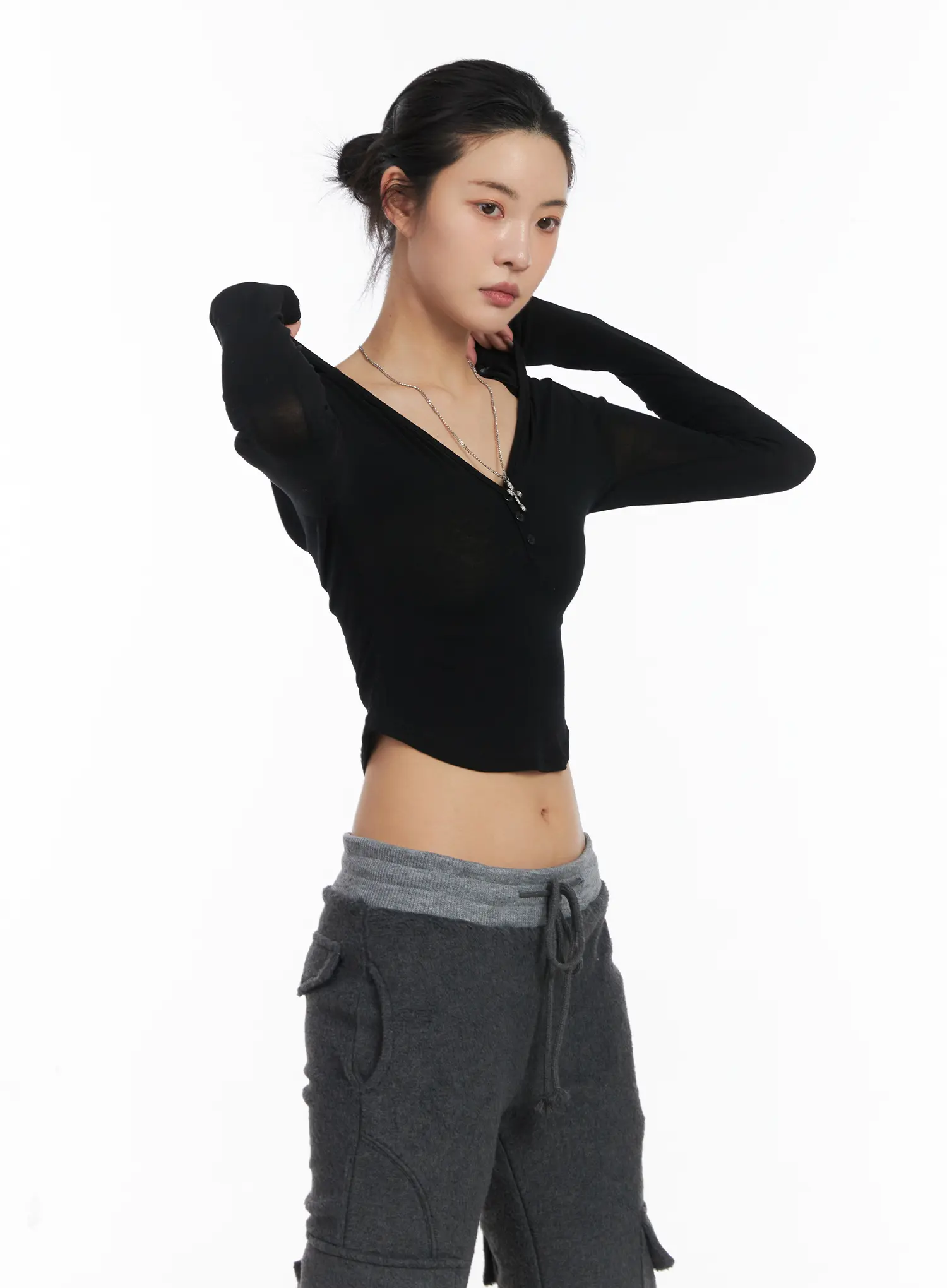 Buttoned Hooded Long Sleeve Crop Top CD509 - Image 5