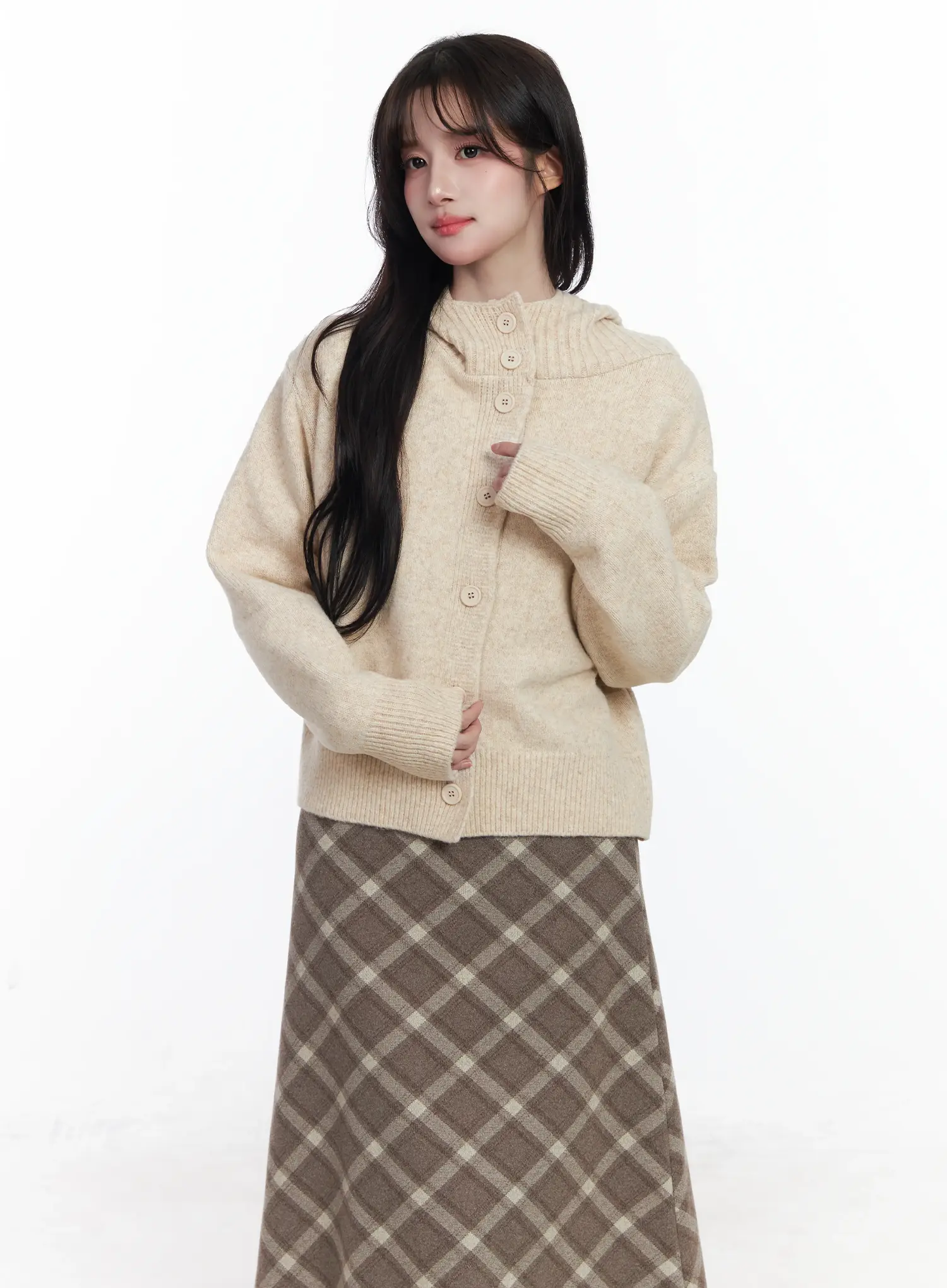 Buttoned Knit Hoodie IJ529 - Image 6