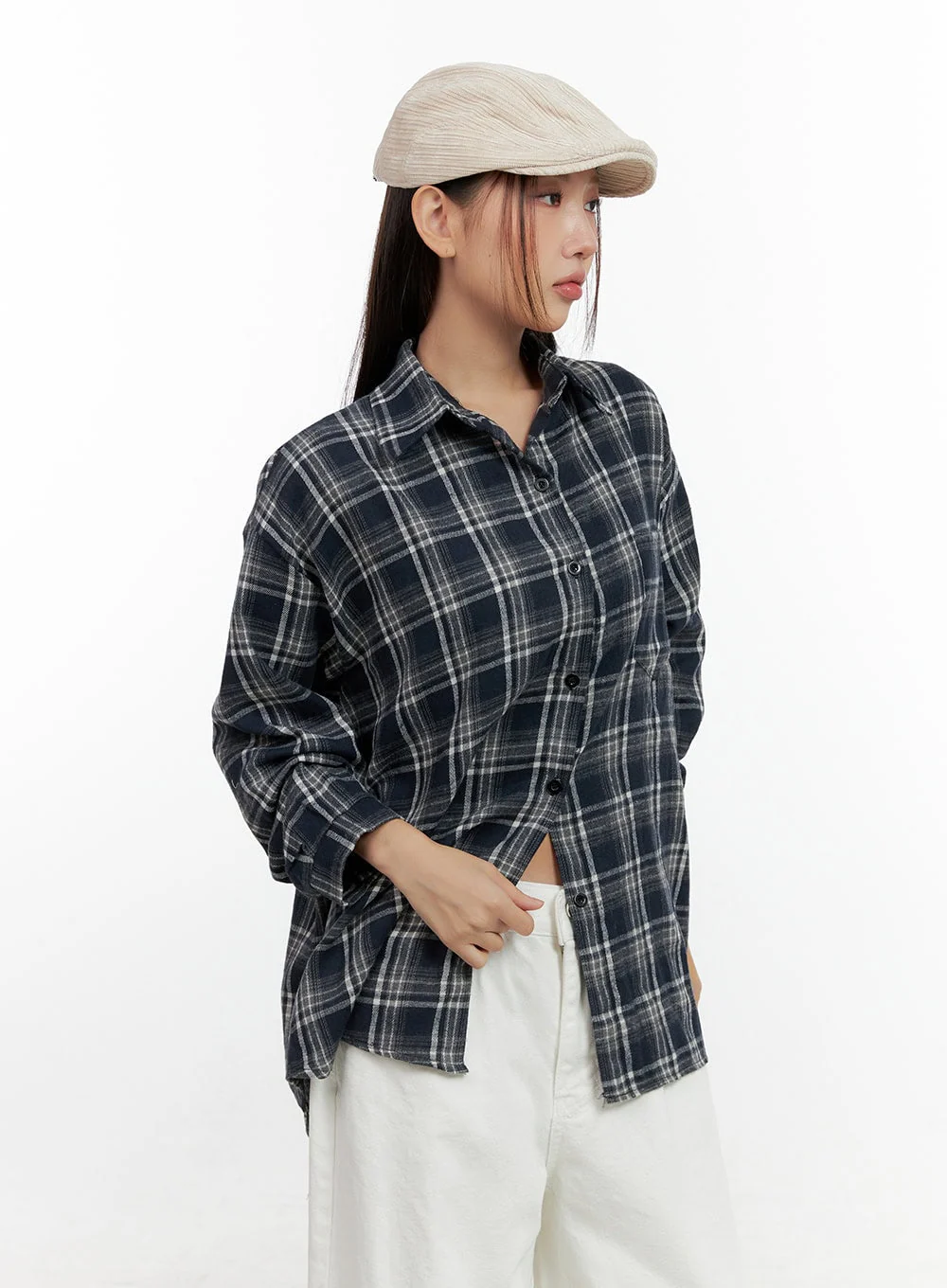 Buttoned Long Sleeve Check Blouse CN406 - Image 3
