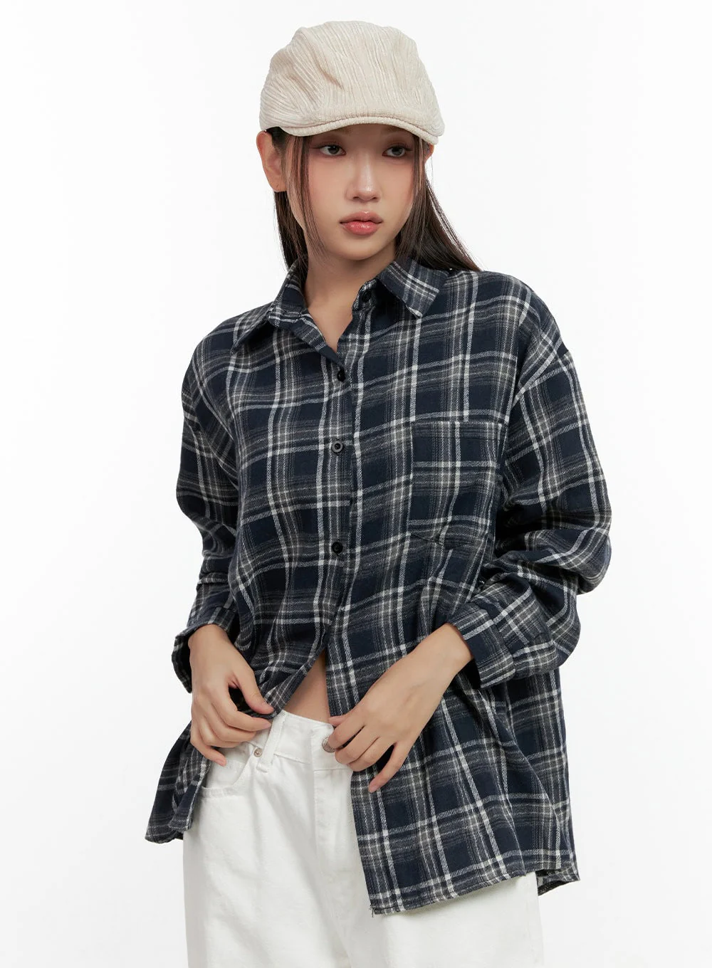 Buttoned Long Sleeve Check Blouse CN406 - Image 7