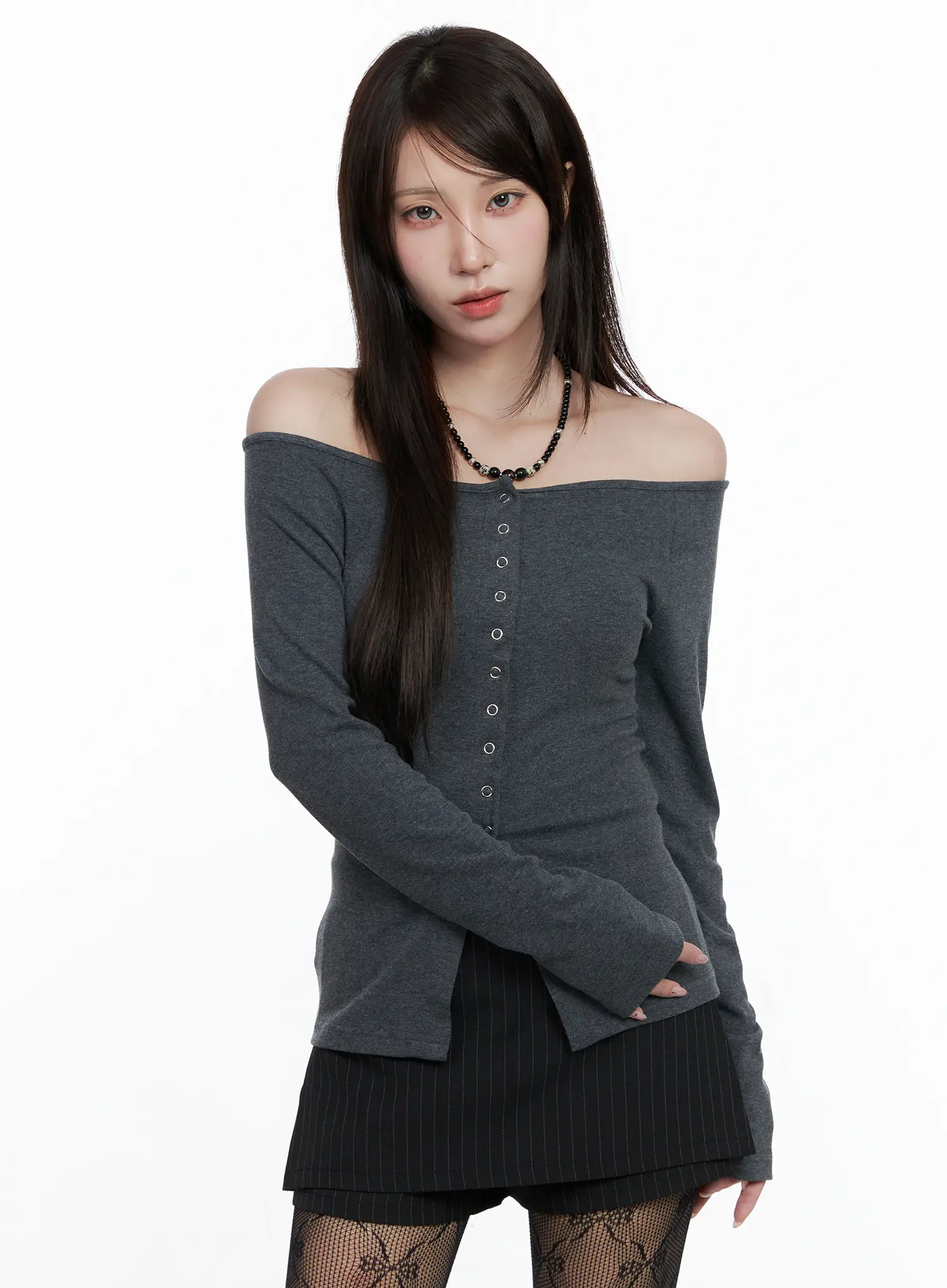 Buttoned Off-Shoulder Long Sleeve Cardigan CO520