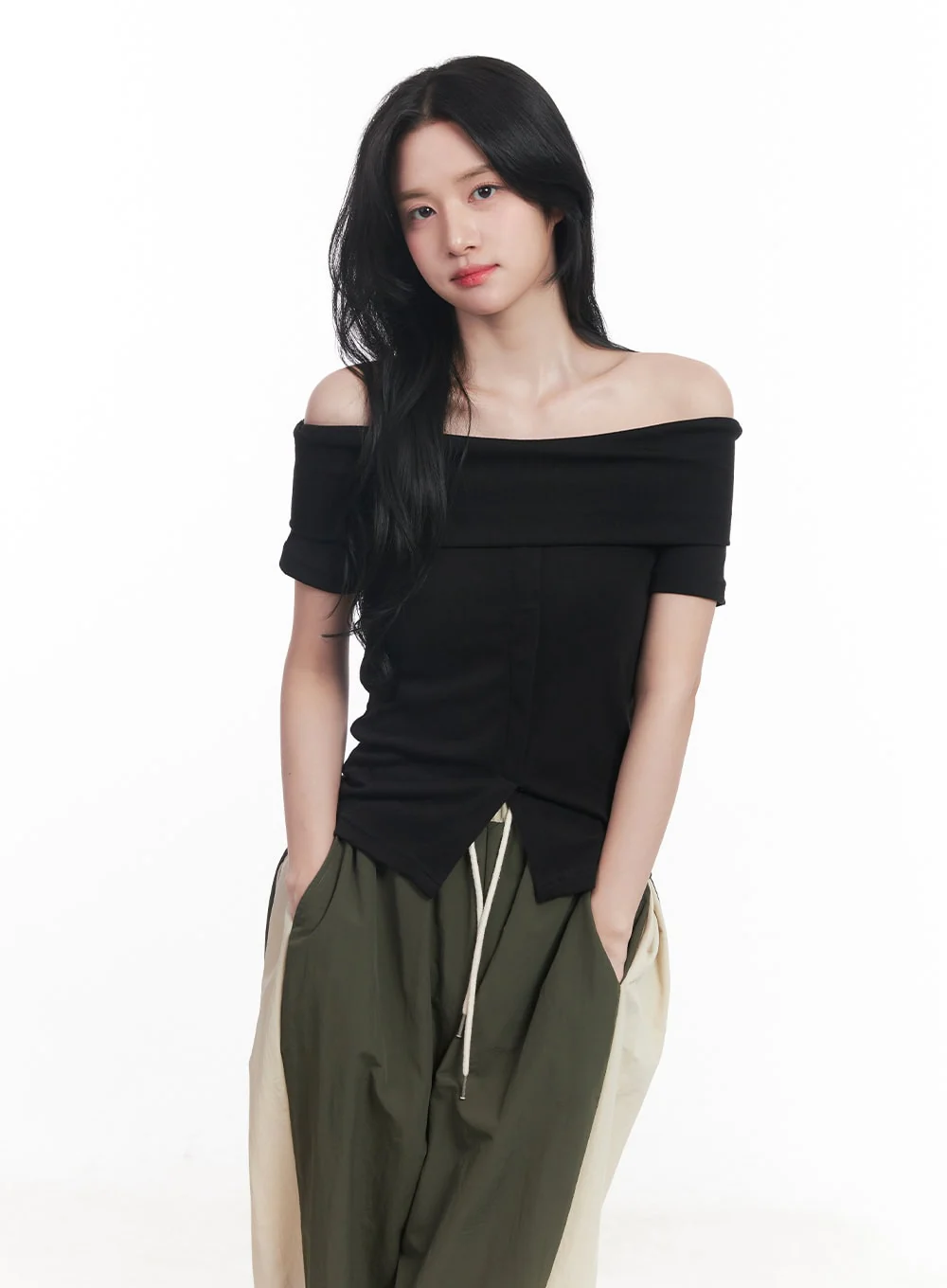 Buttoned Slit Off-Shoulder Crop Top CY526 - Image 12