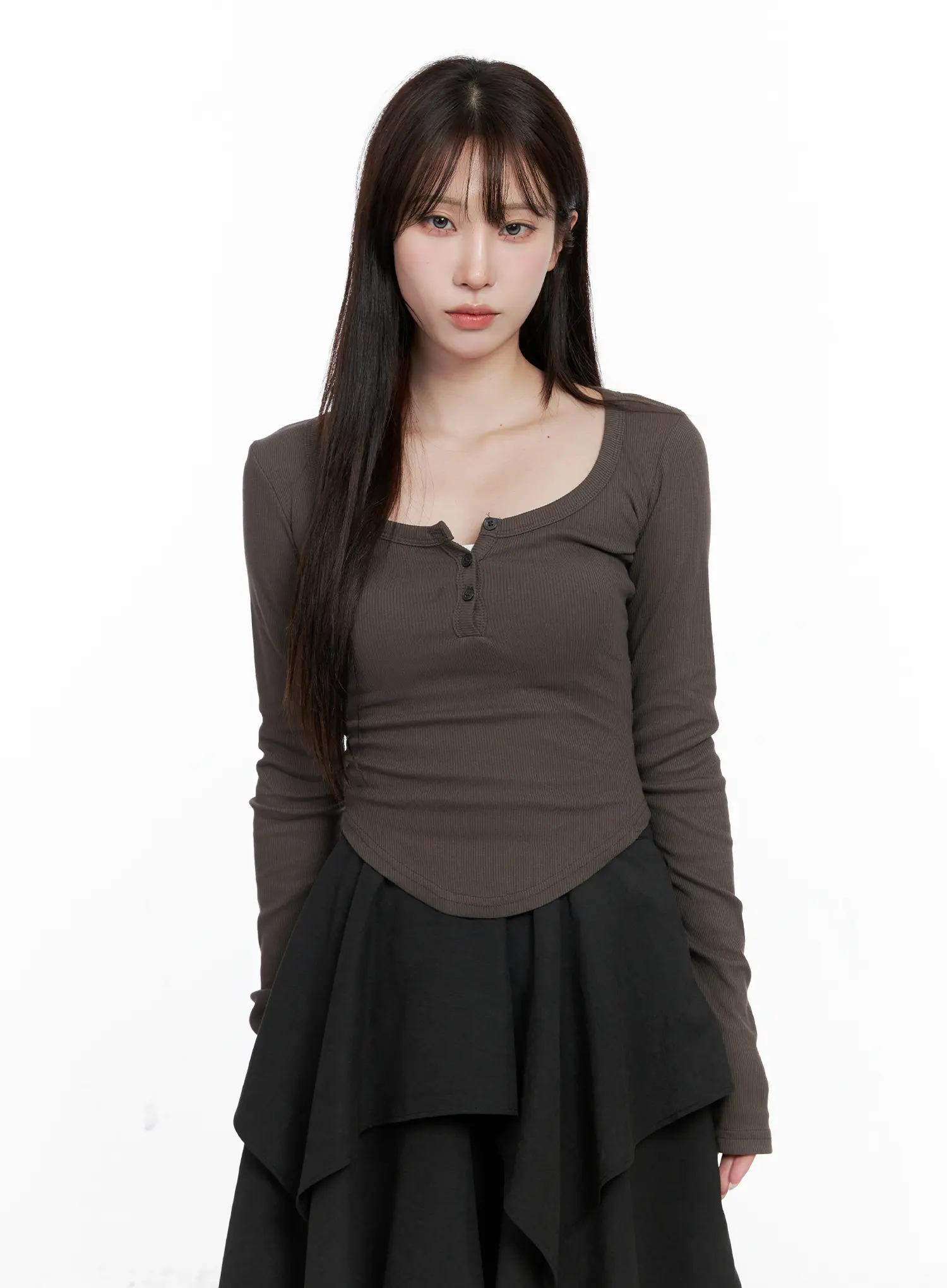 Buttoned U-neck Crop Long Sleeve Top CO521 - Image 2
