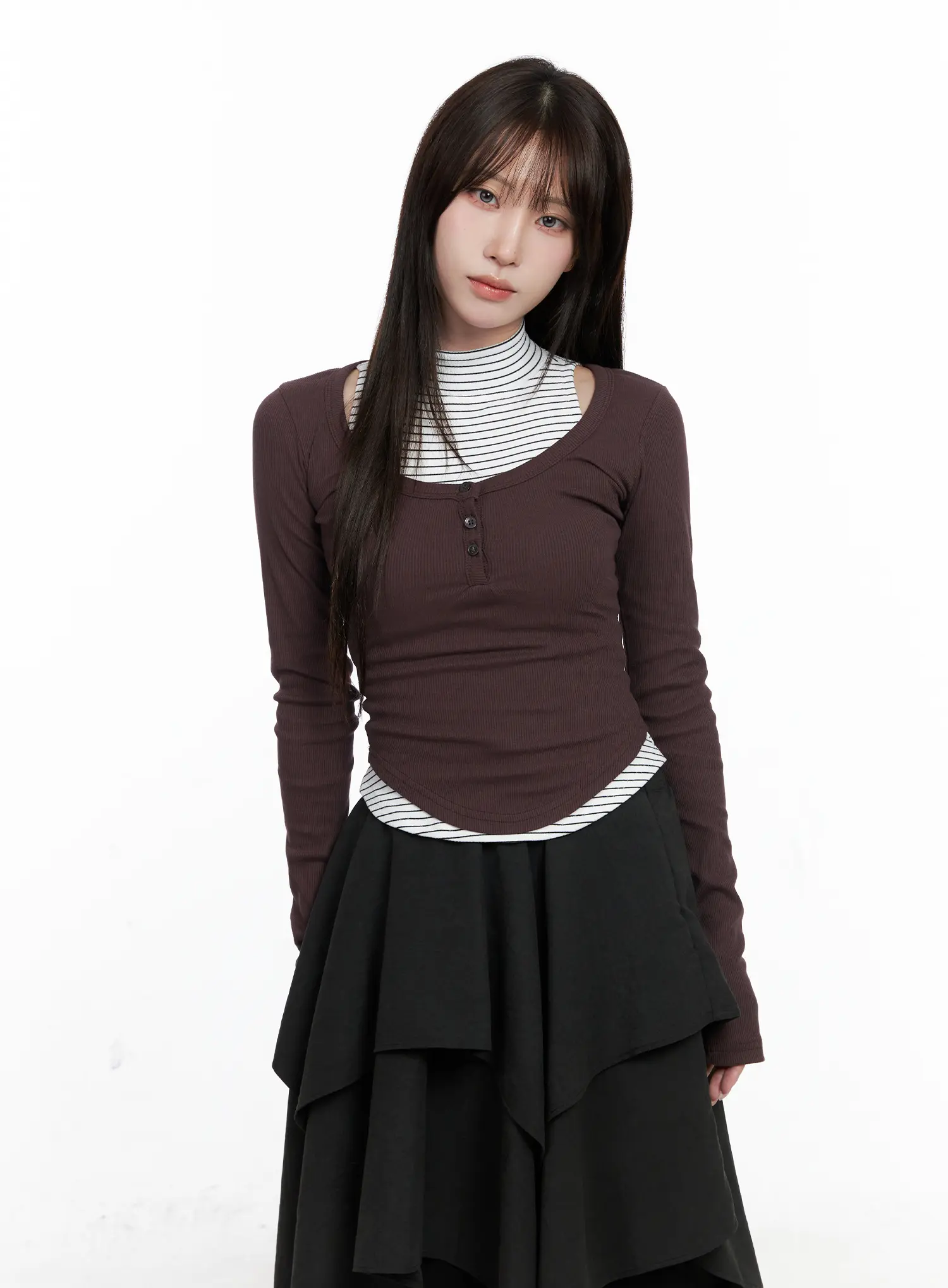 Buttoned U-neck Crop Long Sleeve Top CO521 - Image 8