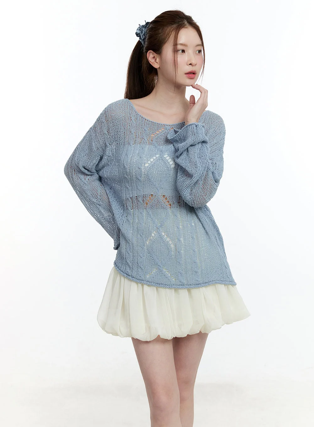 Cable Knit Sheer Loose-Fit Sweater CM521 - Image 2