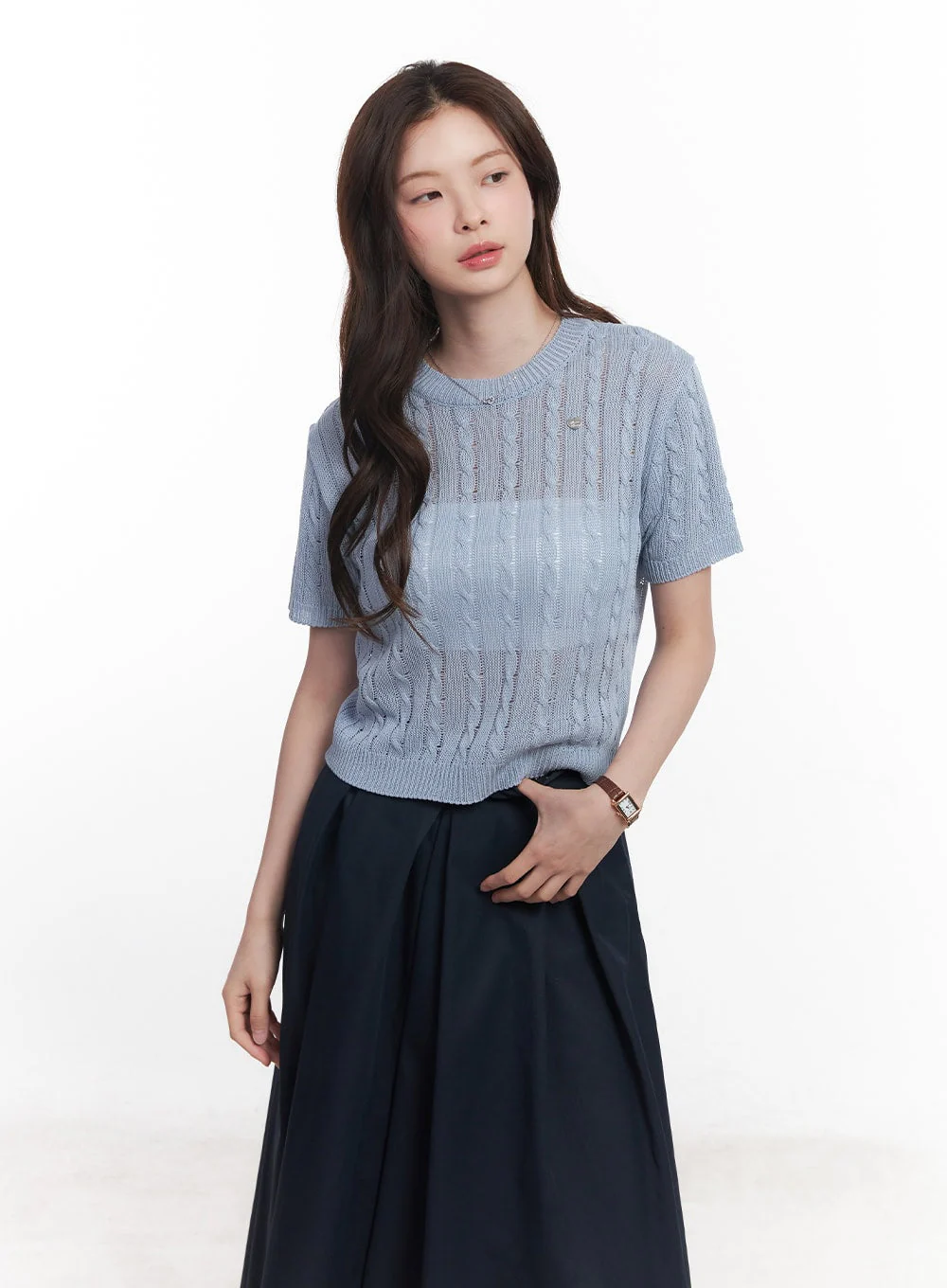 Cable-Knit Short-Sleeve Sweater CY515 - Image 9