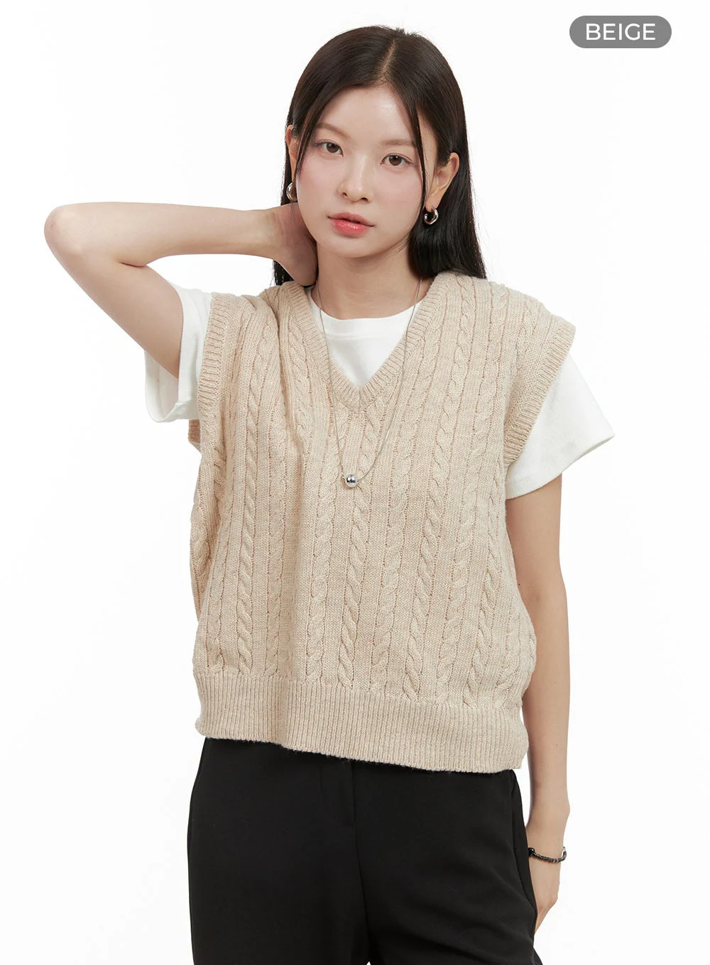 Cable Knit Sleeveless V-Neck Vest OG416 - Image 10