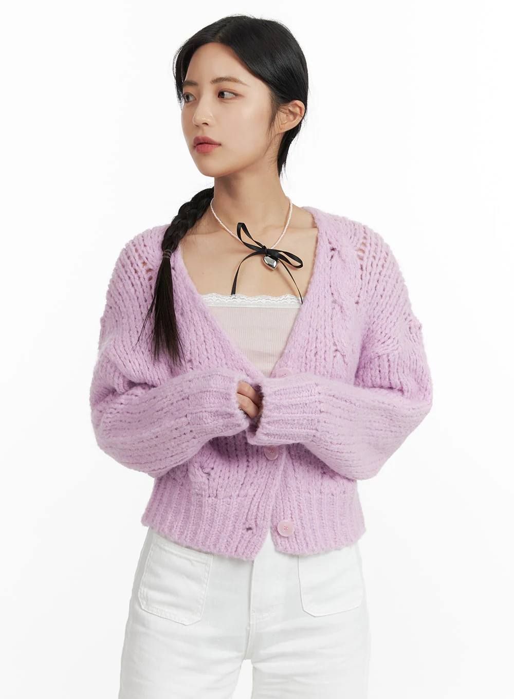 Cable Knit Solid Cardigan OF416 - Image 3