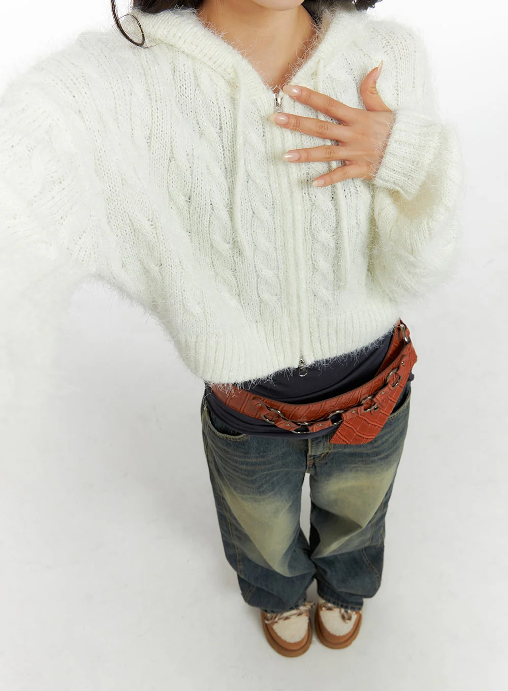 Cable Knit Zippered Hooded Cardigan CF416 - Image 5