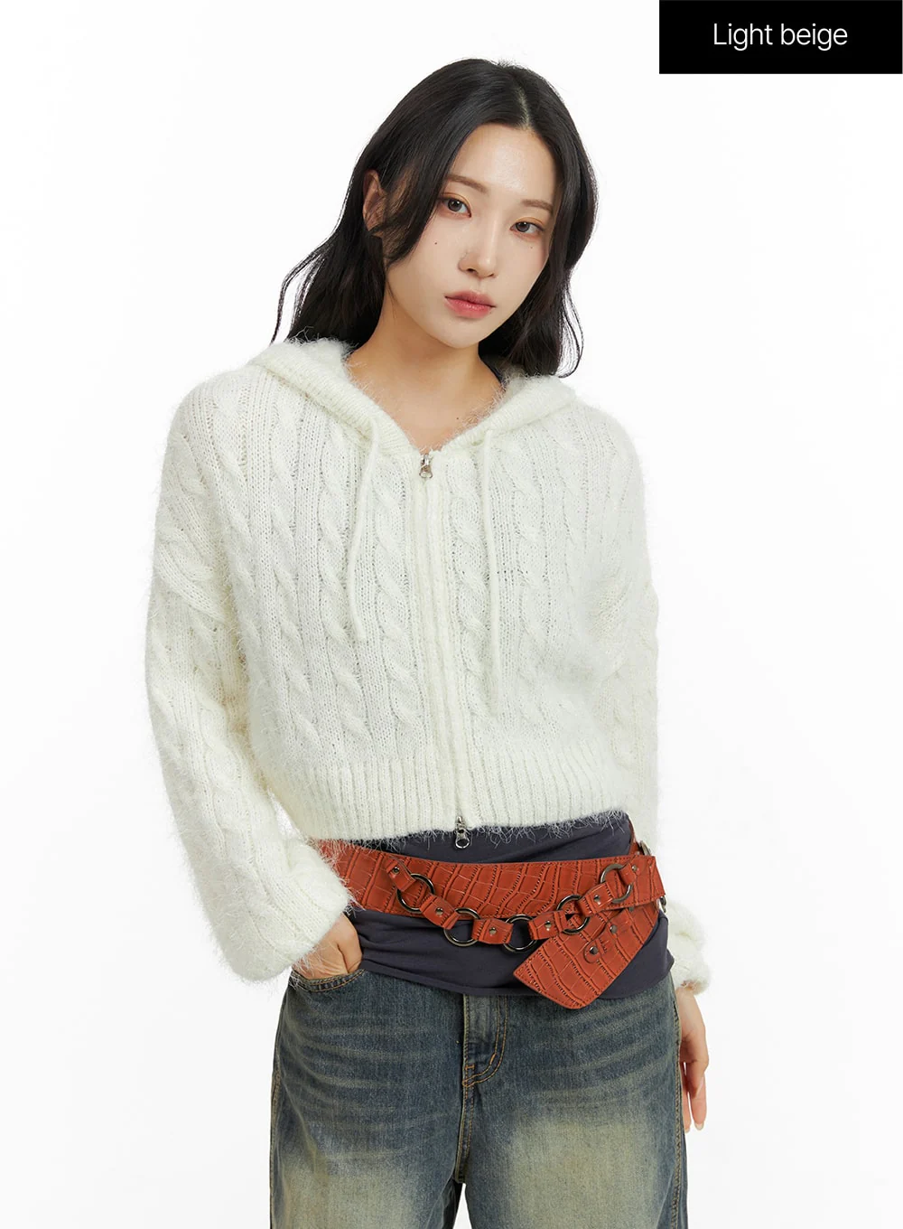 Cable Knit Zippered Hooded Cardigan CF416 - Image 8