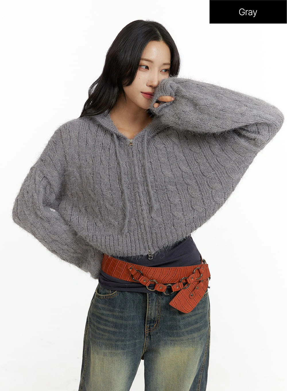 Cable Knit Zippered Hooded Cardigan CF416 - Image 9
