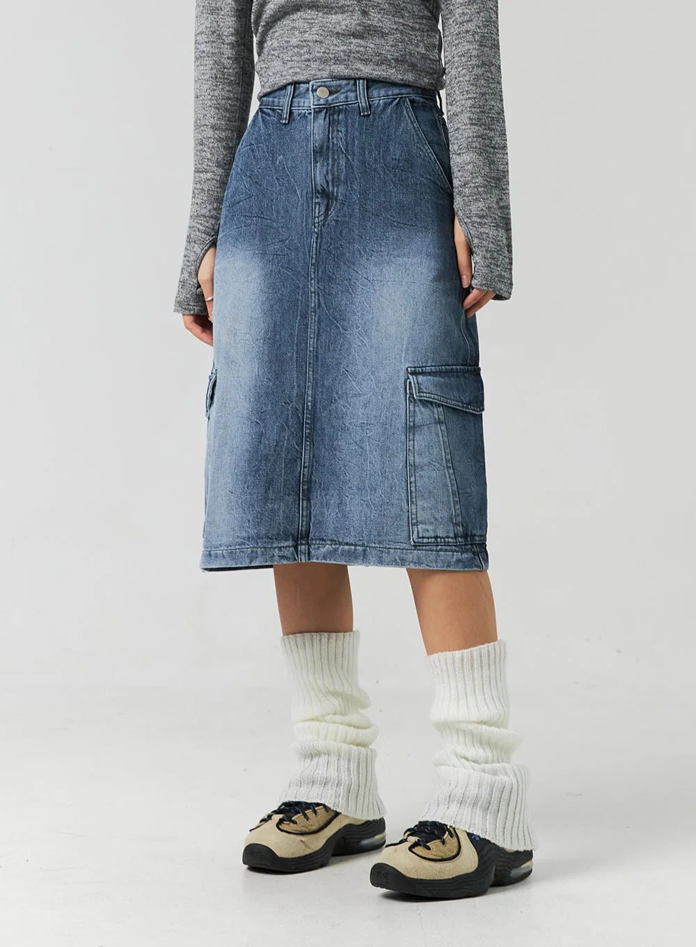 Cargo Washed Denim Midi Skirt CO323 - Image 5