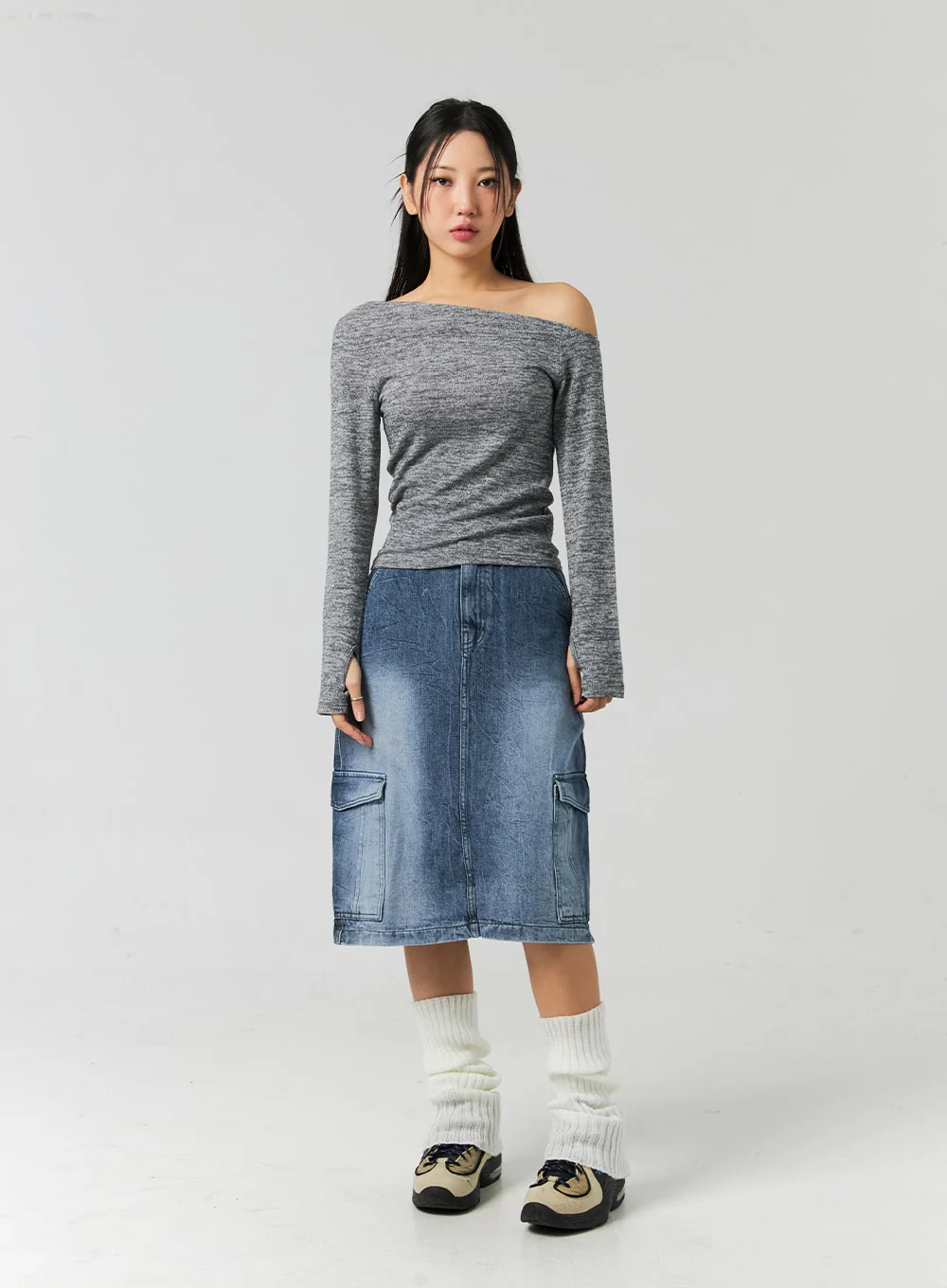 Cargo Washed Denim Midi Skirt CO323 - Image 7