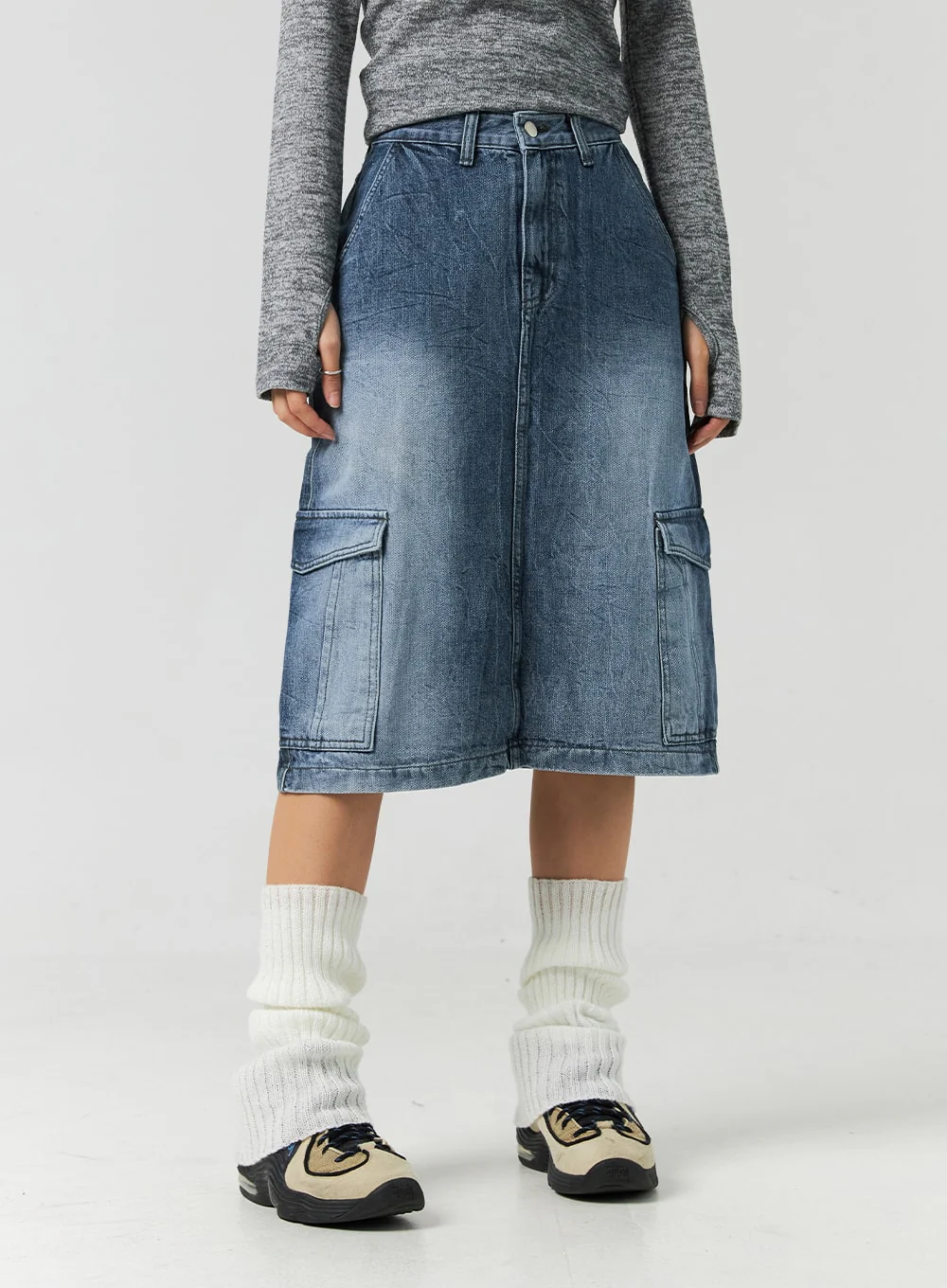 Cargo Washed Denim Midi Skirt CO323 - Image 9