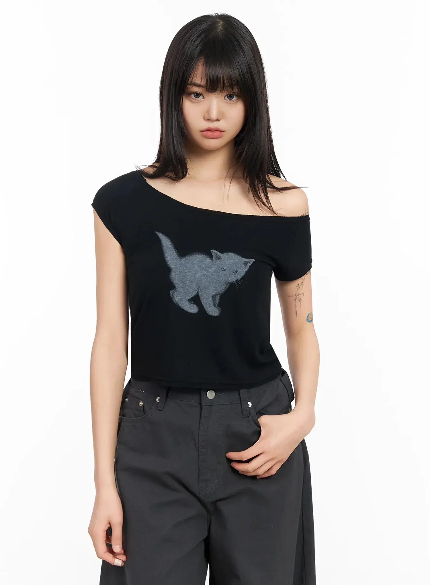 Cat Graphic Off-Shoulder Crop Top IA523 - Image 2