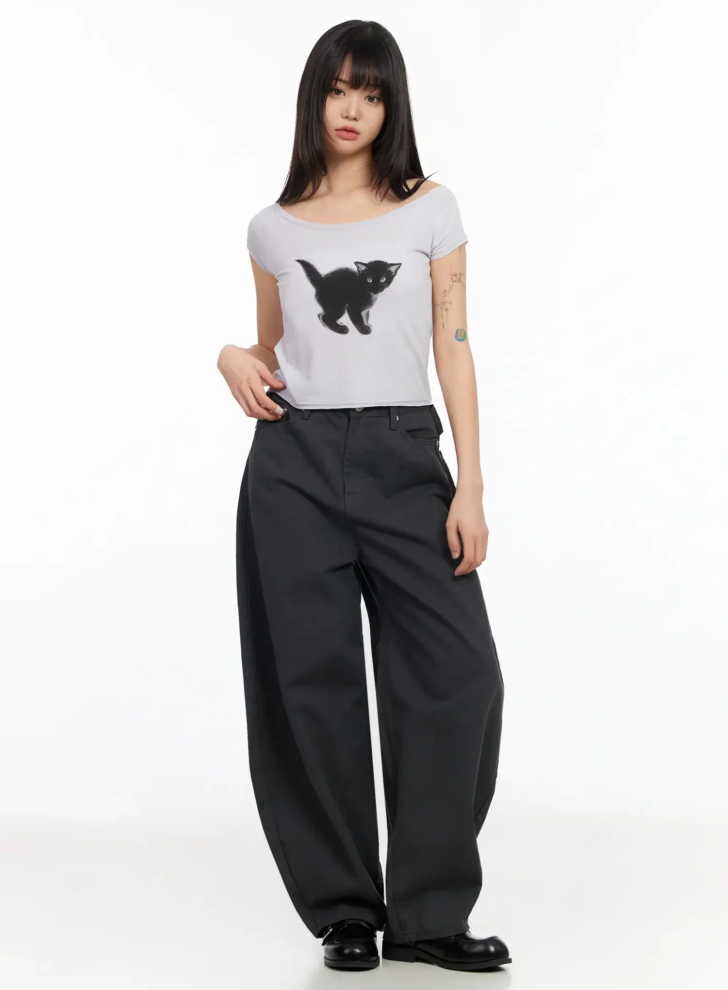 Cat Graphic Off-Shoulder Crop Top IA523 - Image 6