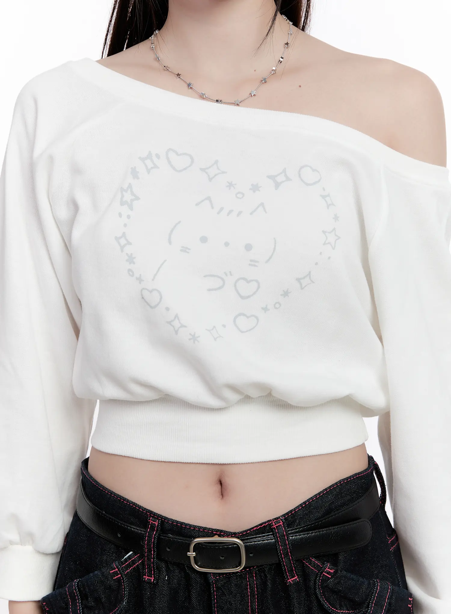 Cat Print Off-Shoulder Cropped Sweatshirt CO501 - Image 2