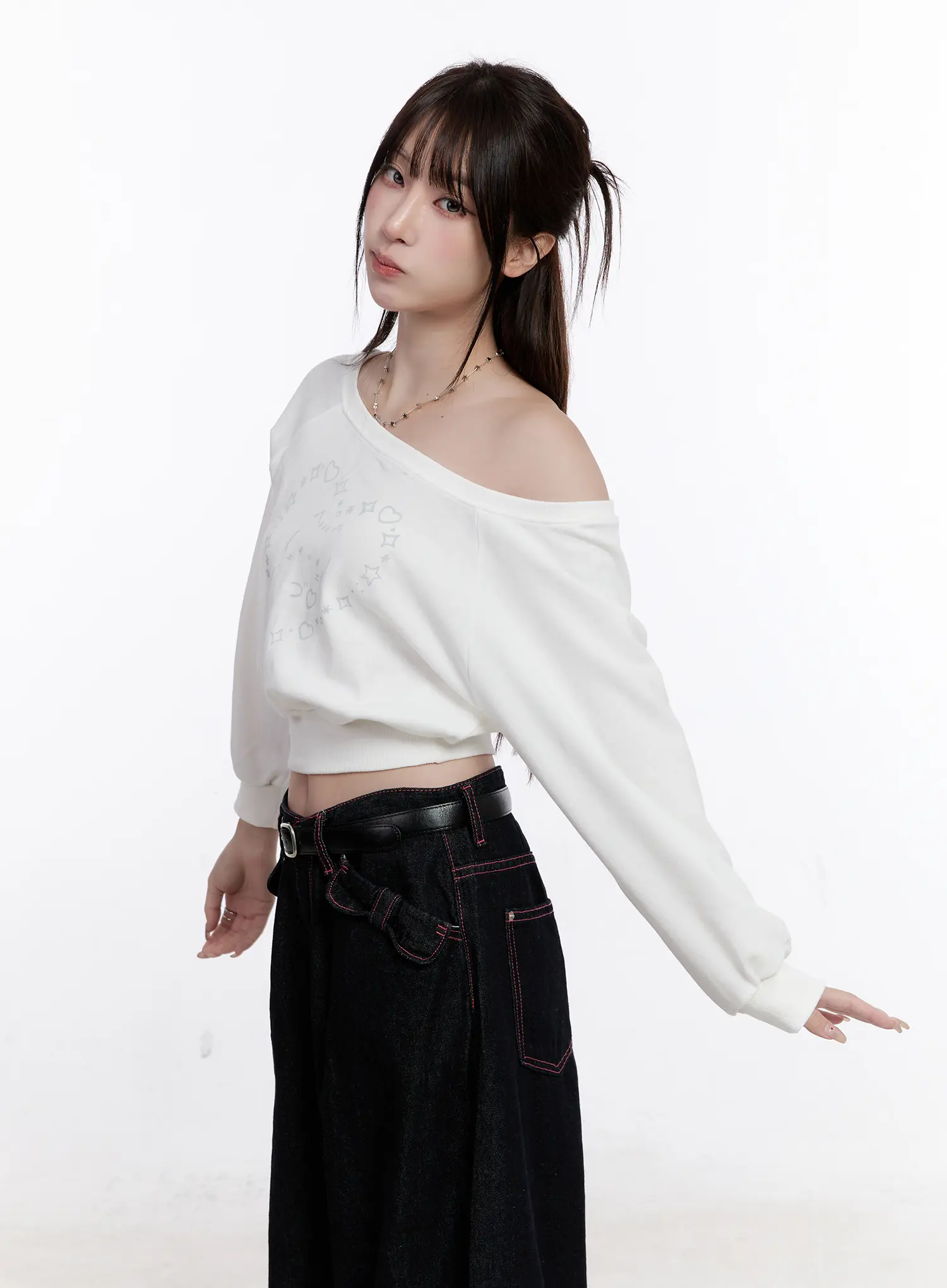 Cat Print Off-Shoulder Cropped Sweatshirt CO501 - Image 4