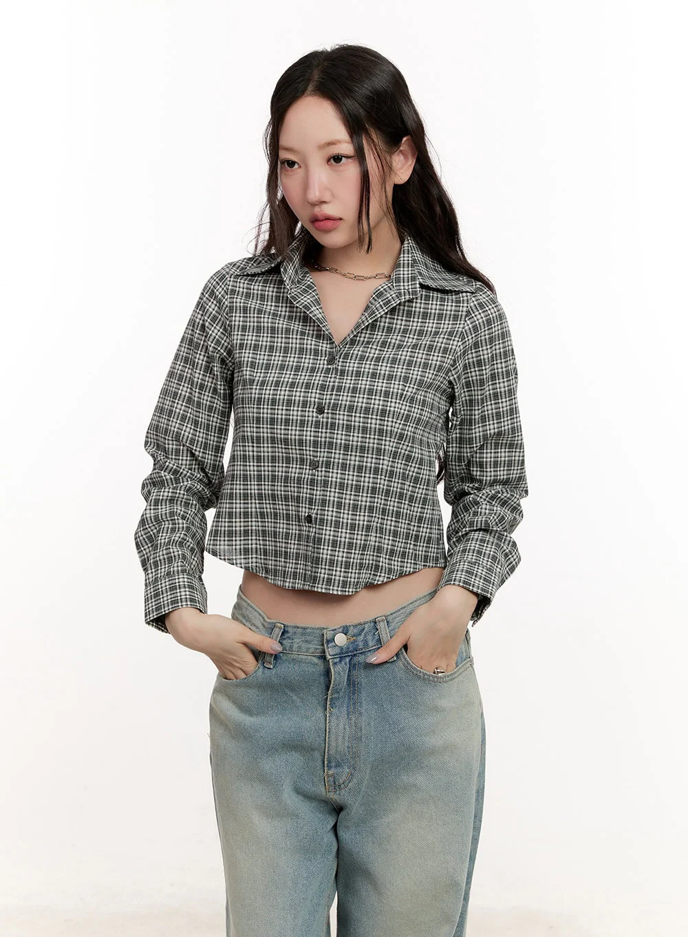 Checkered Collared Crop Shirt CM510 - Image 10